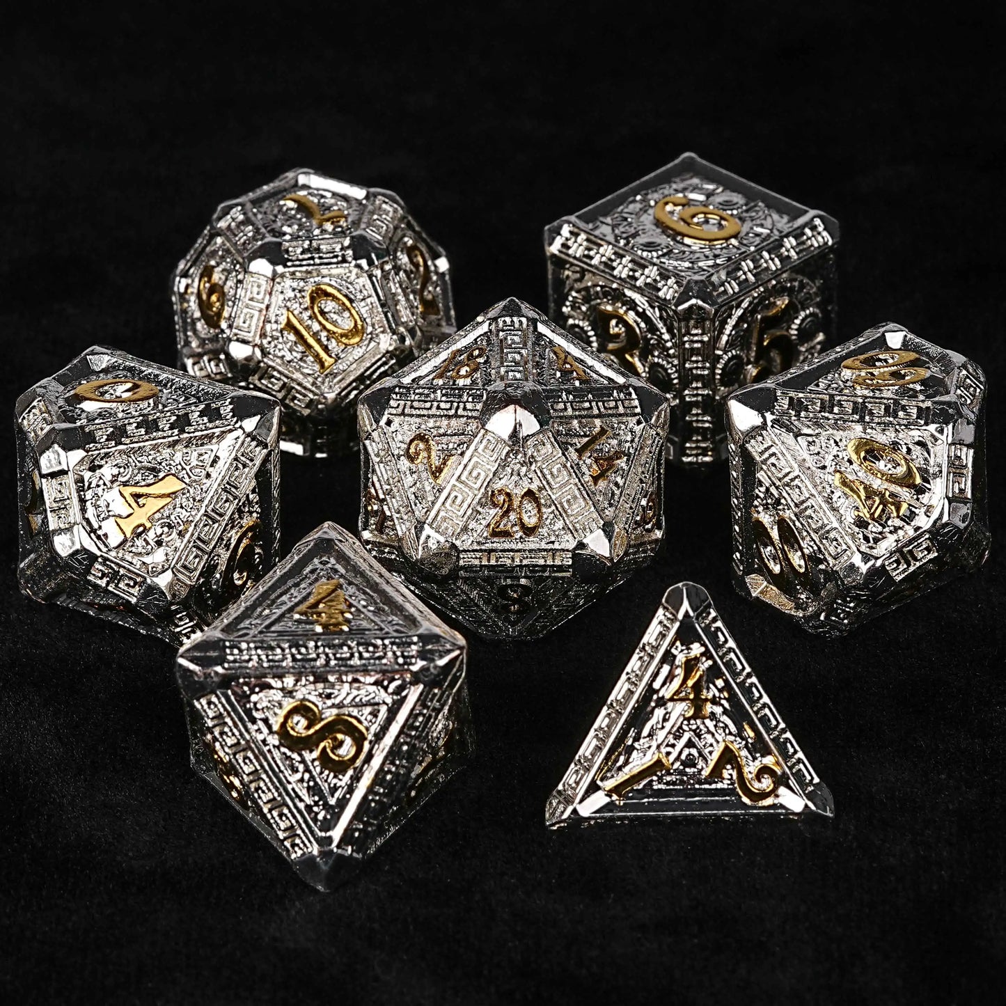 Silver and Gold Greek Style Metal DND Dice Set | Bear Dice