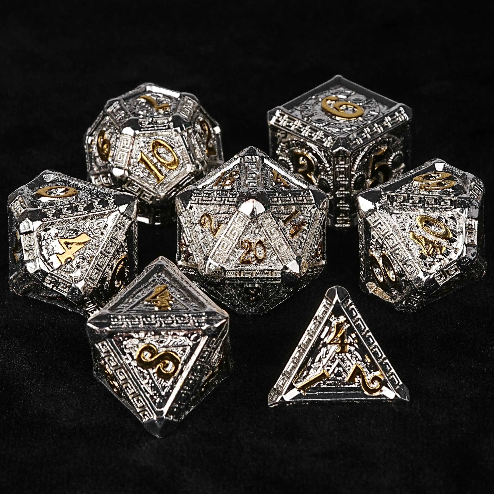 Silver and Gold Greek Style Metal DND Dice Set | Bear Dice