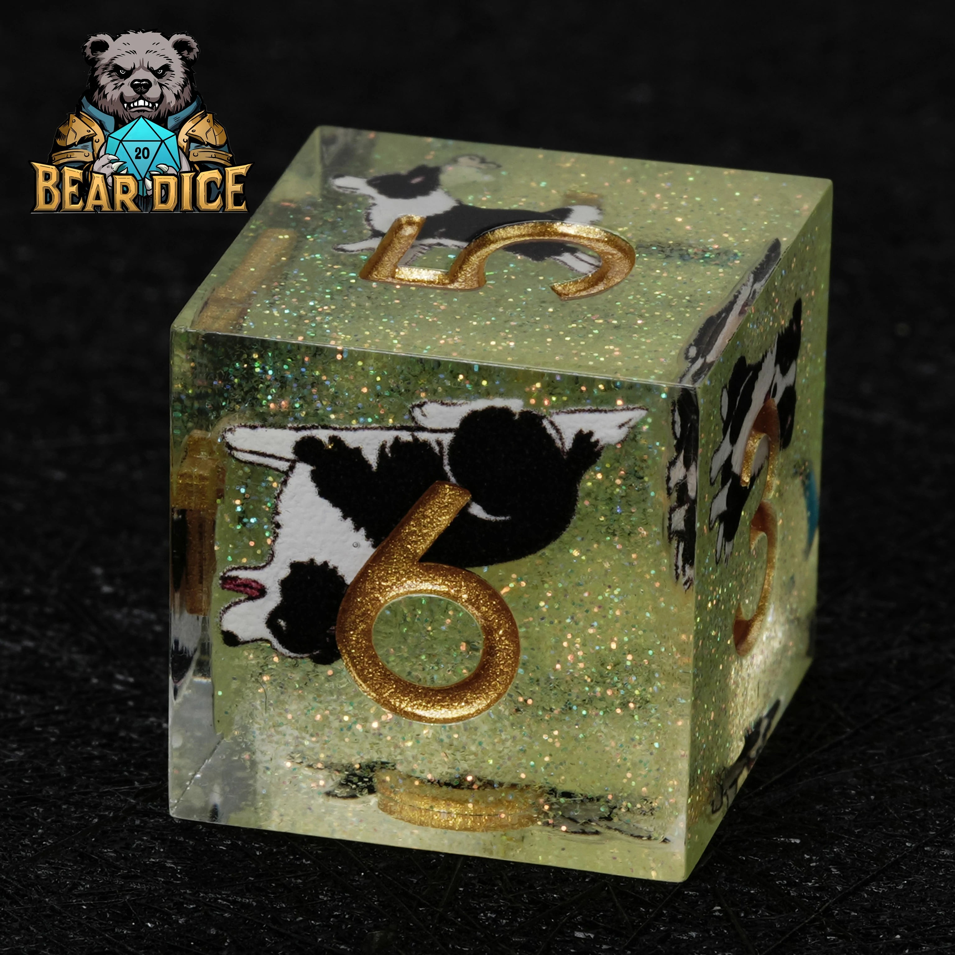 Border Collie Green Glitter Resin D&D D6 Dice | RPG Polyhedral Dice Set