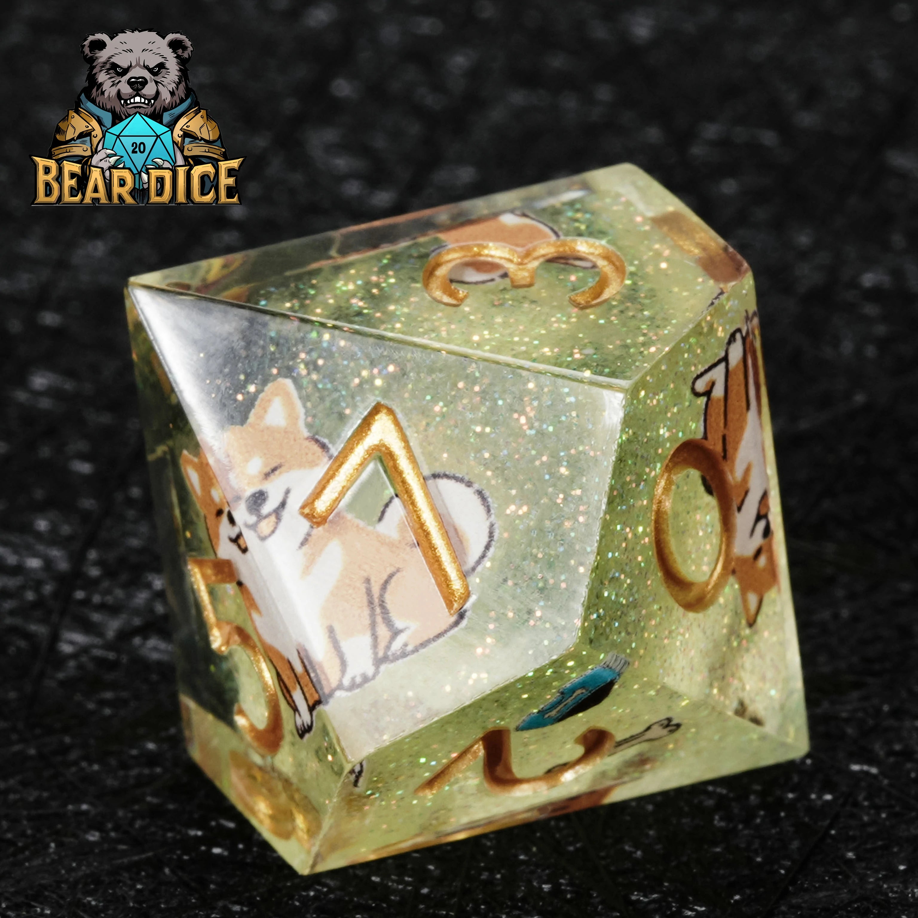 Shiba Inu Green Glitter Resin DND D10 Dice | Polyhedral RPG Dice