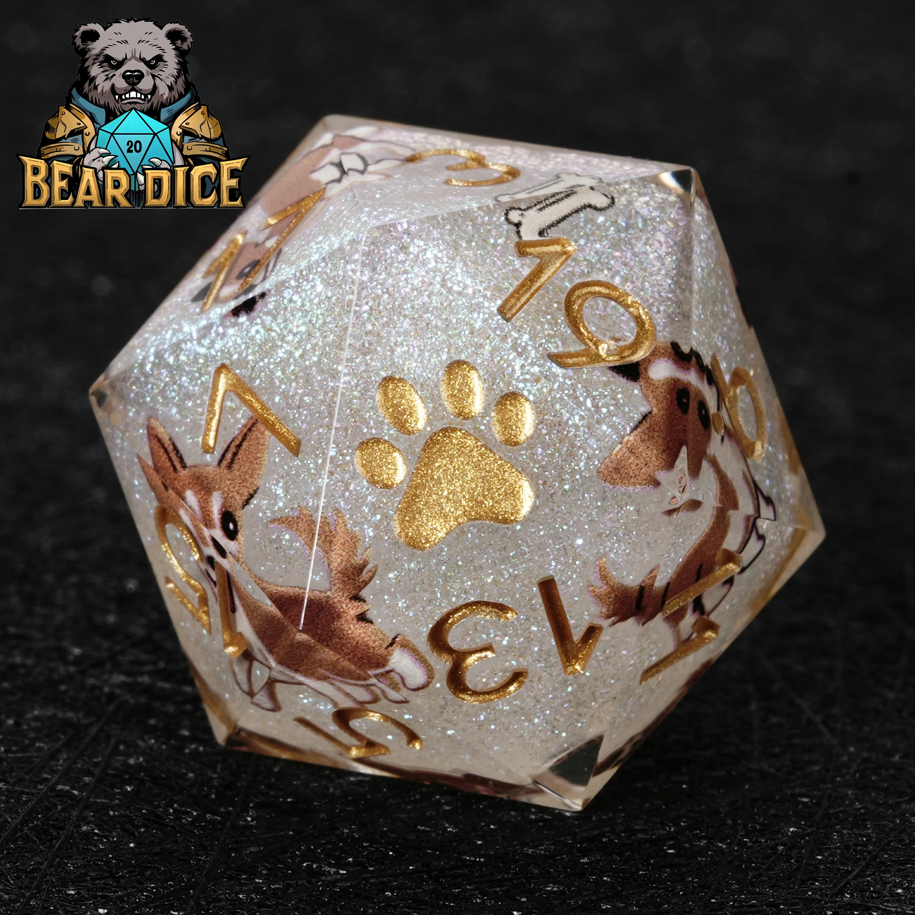 Chihuahua White Glitter Resin DND D20 Dice – Handcrafted RPG Polyhedral Set