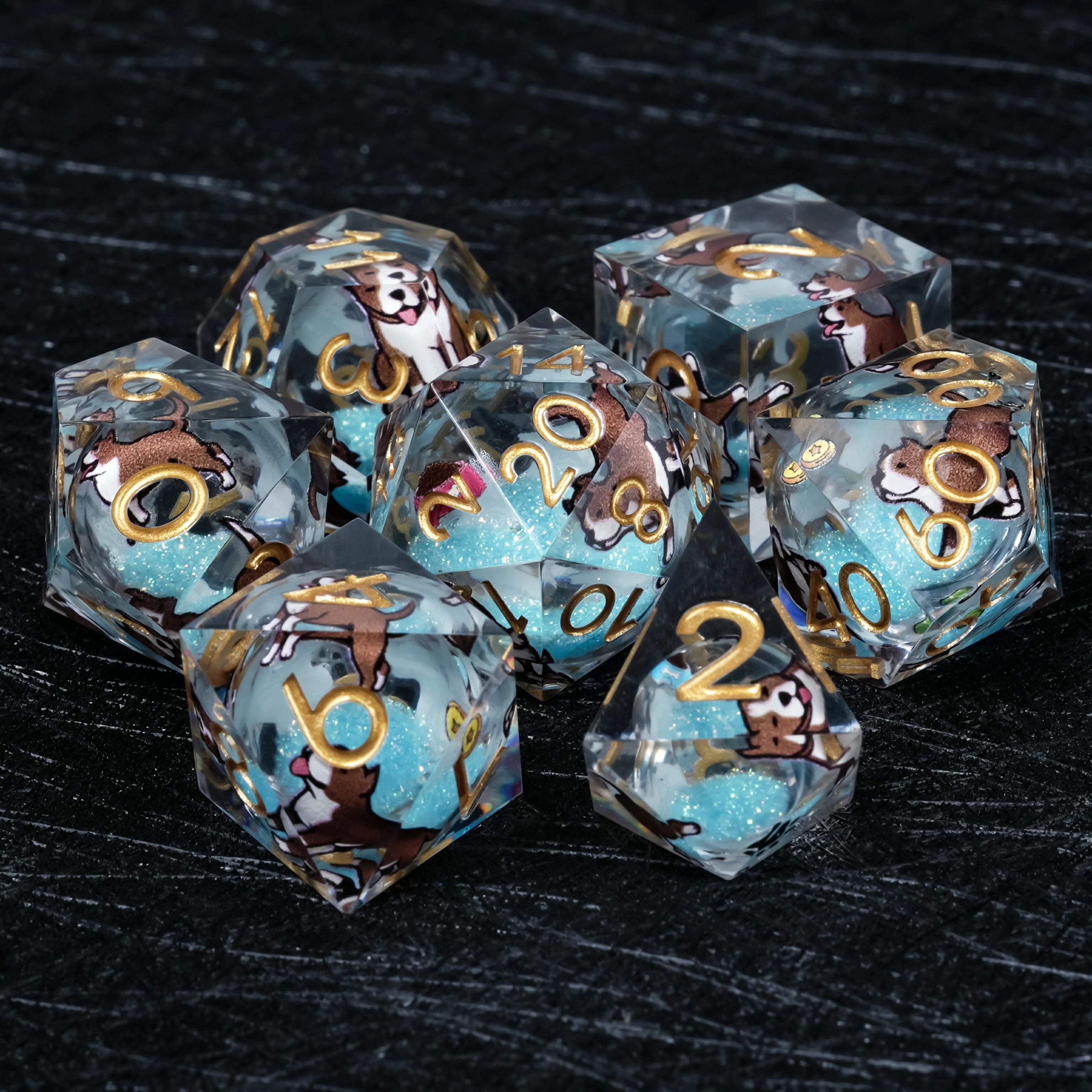 American Pit Bull Blue Liquid-Core Resin Dice Set | Gold Numbers for D&D & RPG