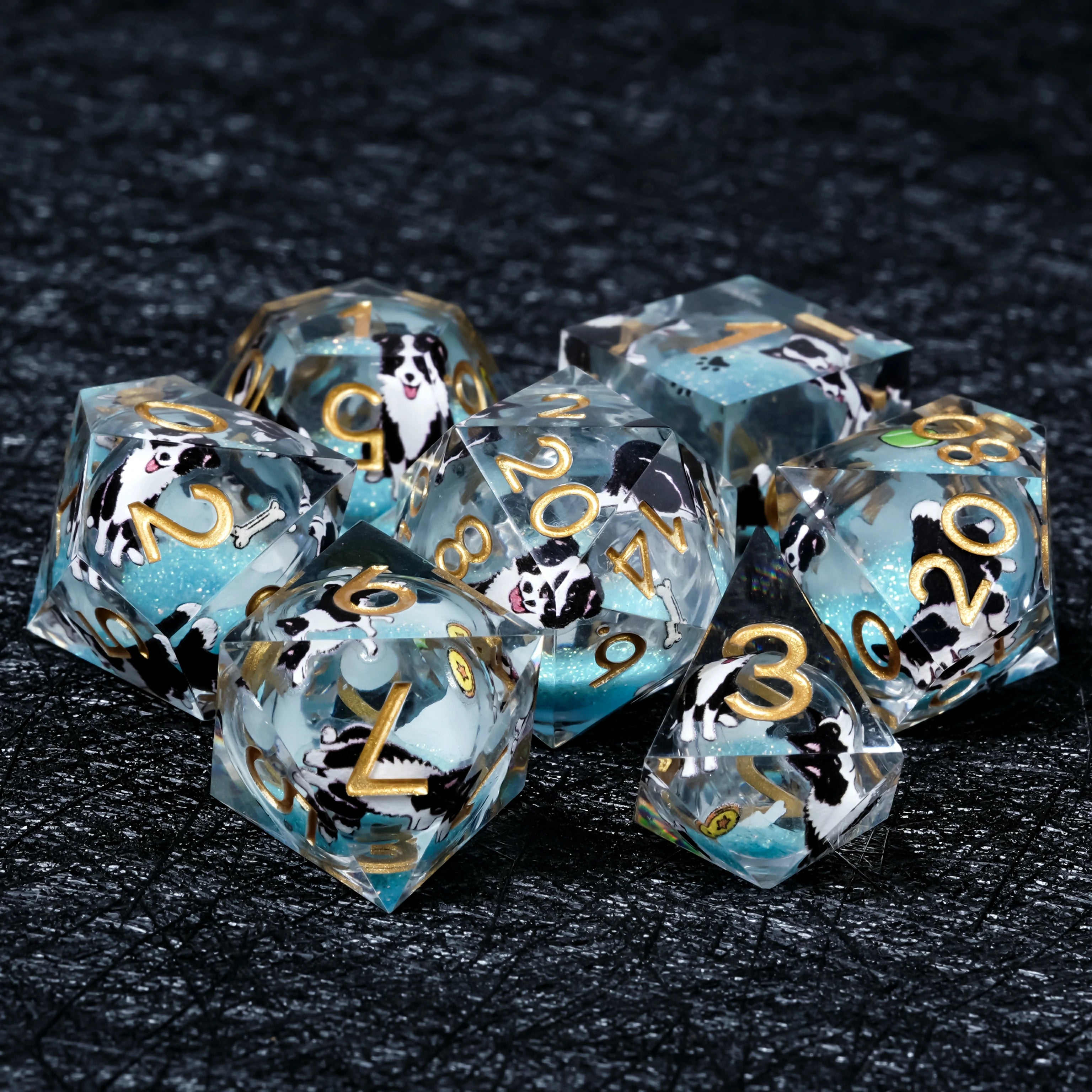 Border Collie White Liquid-Core Resin Dice Set | Gold Numbers | D&D RPG Dice