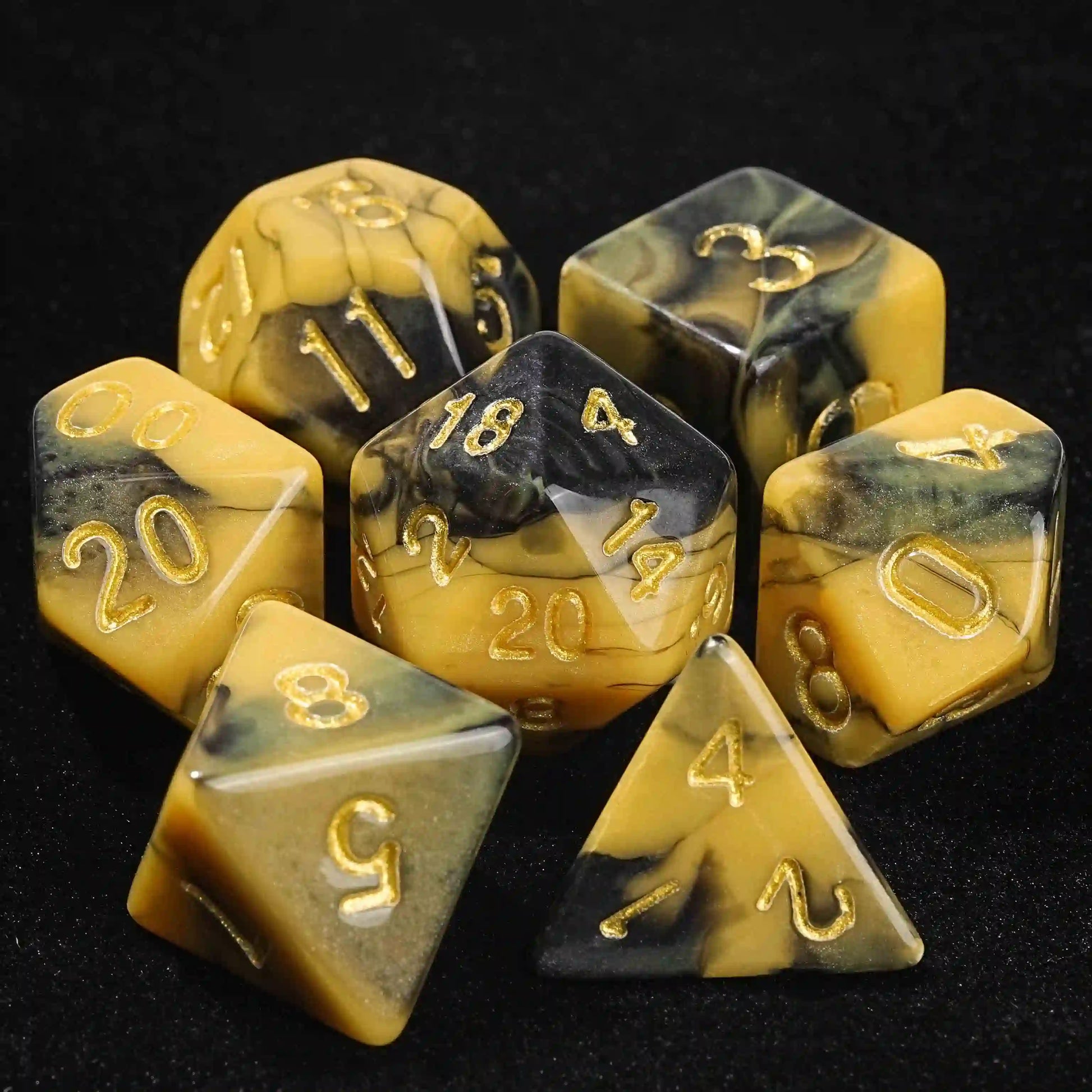 Black Gold Swirl Acrylic DND Dice Set | Bear Dice