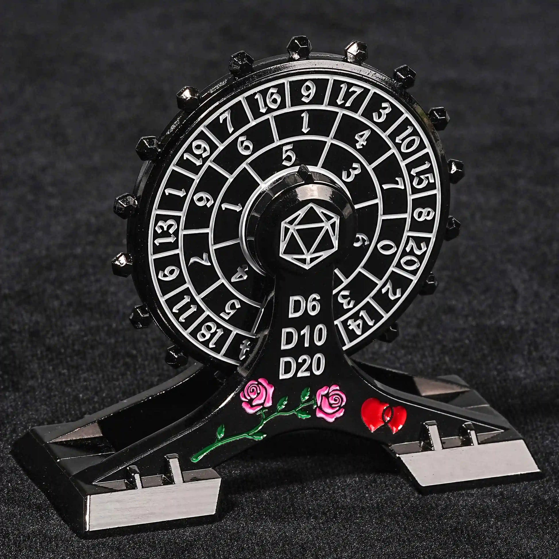 Metal DND Unique Dice: Black Nickel White Rose Ferris Wheel Spin Dice - D6, D10, D20 | Bear Dice