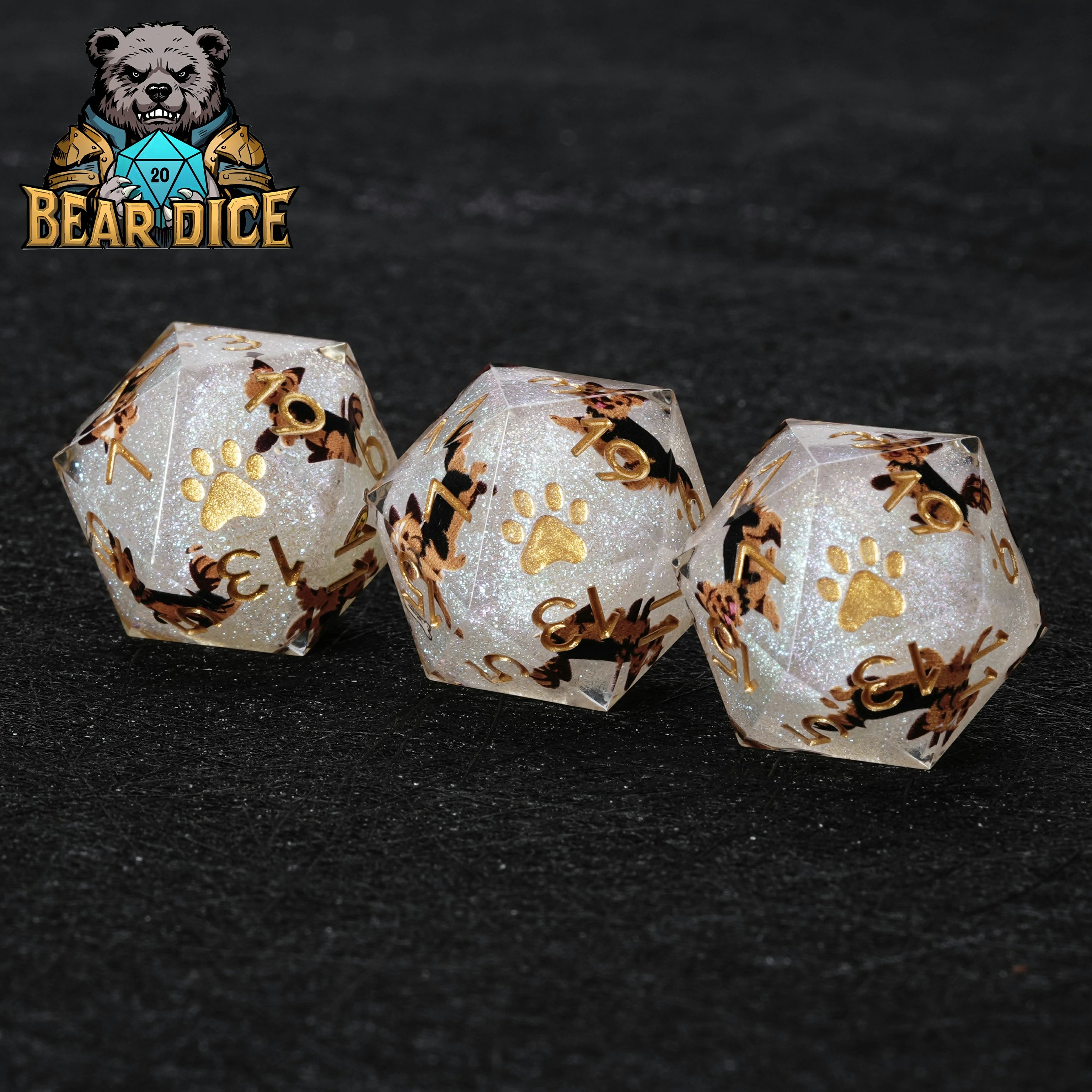 Yorkshire Terrier White Glitter Resin DND D20 Dice | Bear Dice
