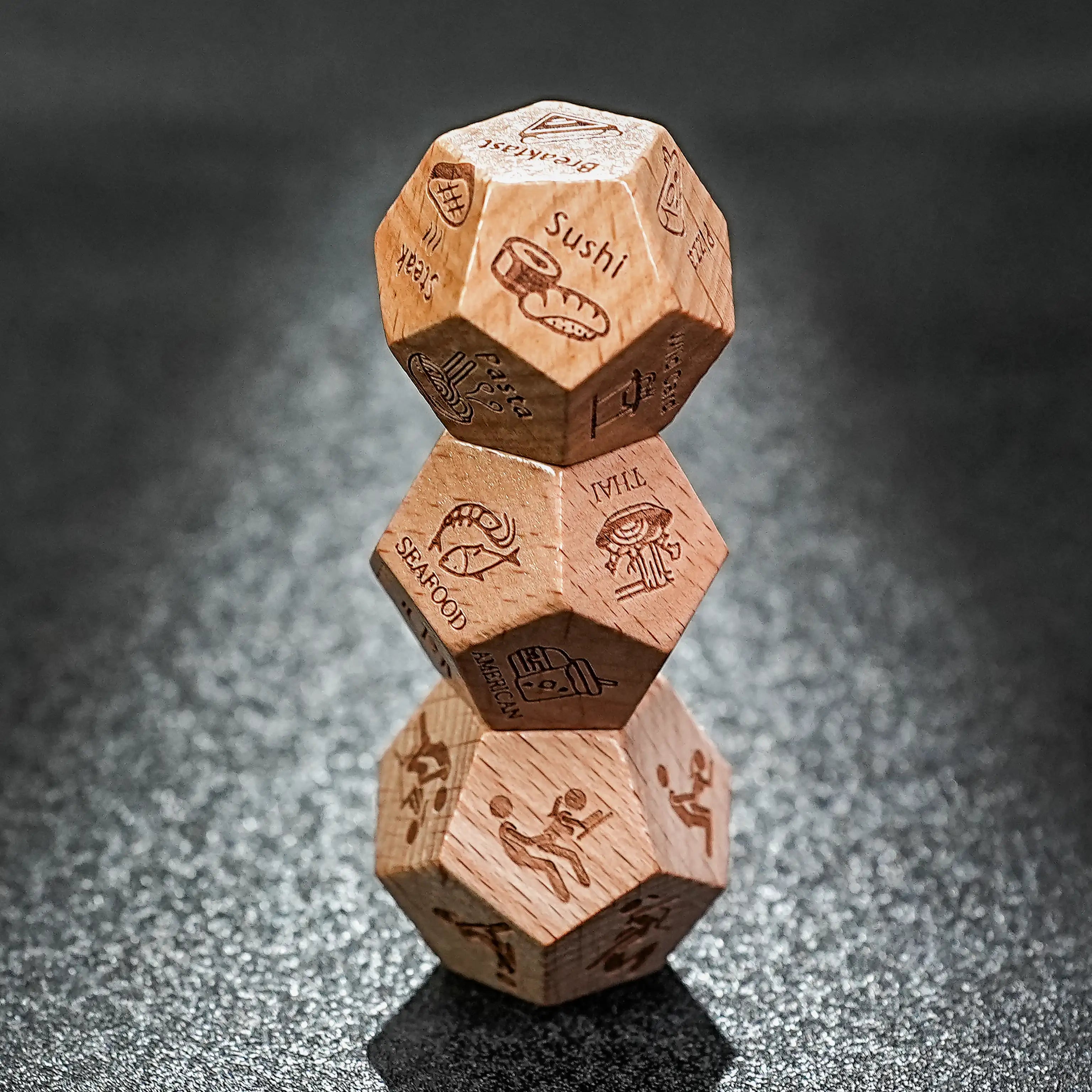 Hand Carved Wooden D20 Dice - Unique Fun Patterns