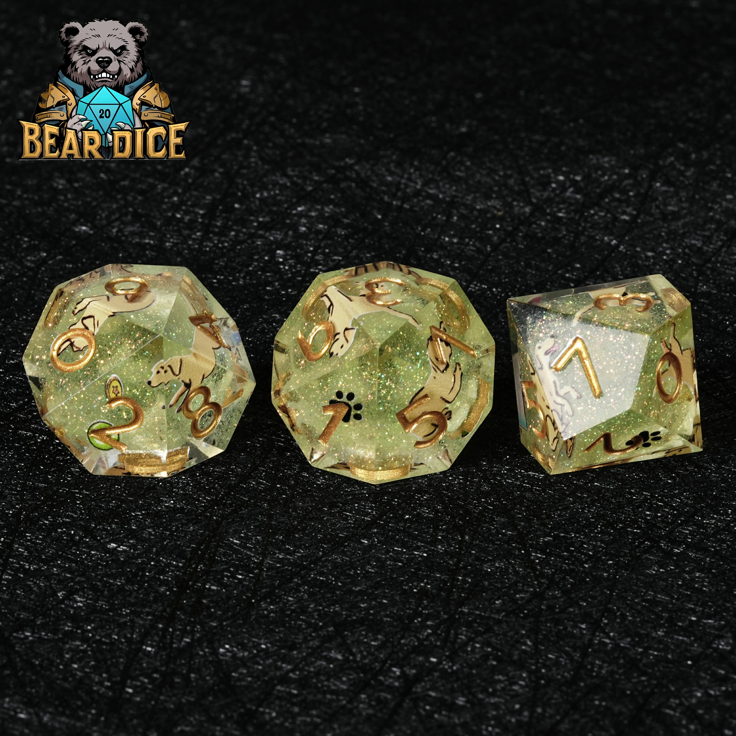 Labrador Green Glitter Resin DND D10 Dice Set | RPG Polyhedral Dice with Dog Art