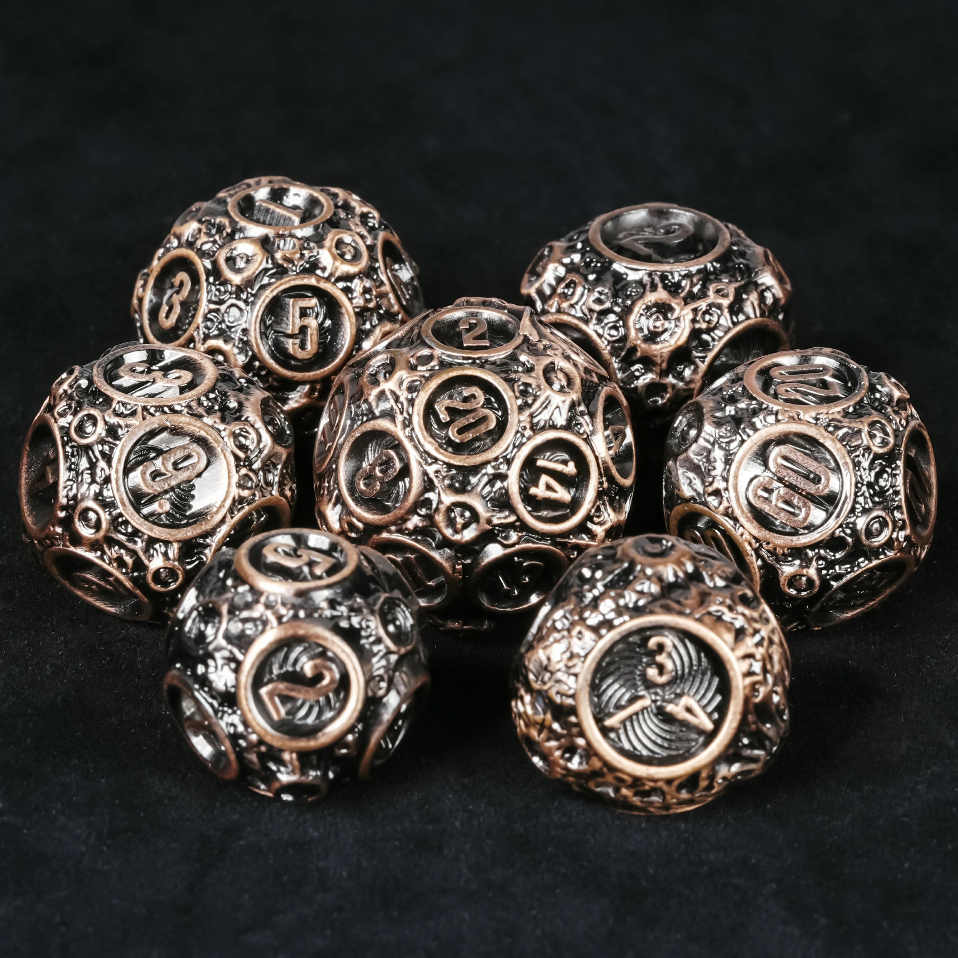 Spherical Planet Metal Dice Set – Hollow Bronze DnD Dice