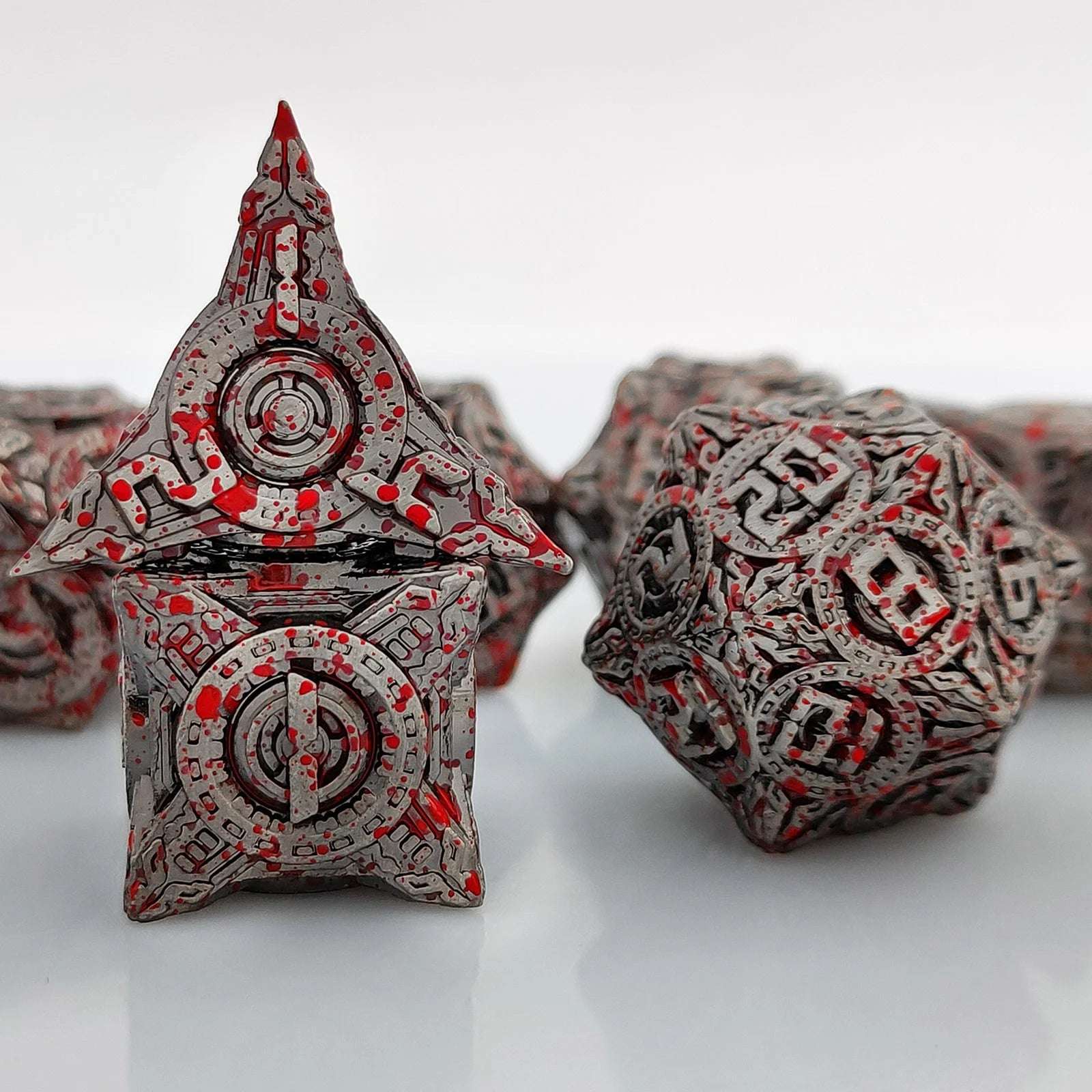 UFO mechanical style metal dice set with blood stains - D4 dice、D6 dice 、D20 dice | Bear Dice