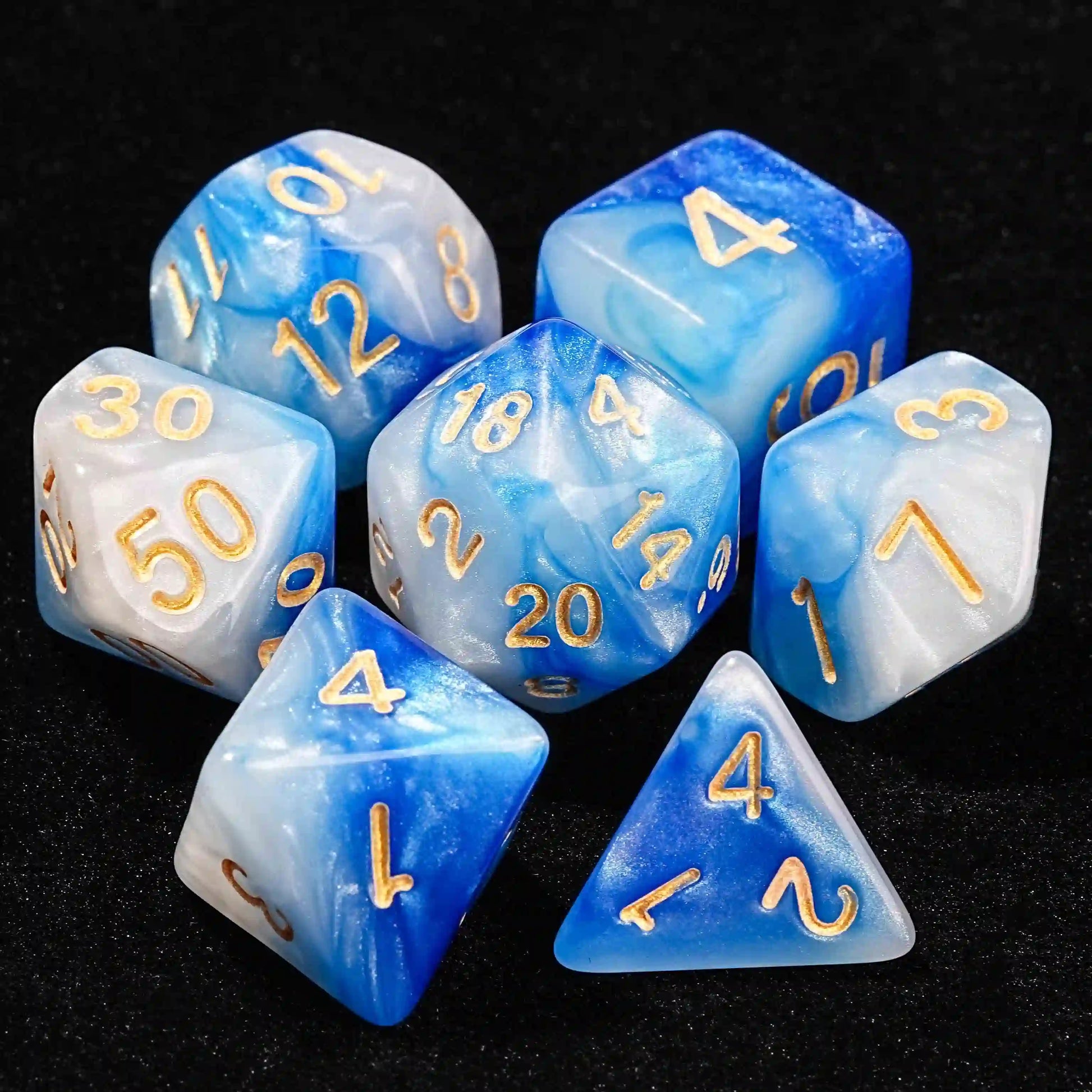 Blue and white vortex acrylic DND dice set + gold characters | Bear Dice