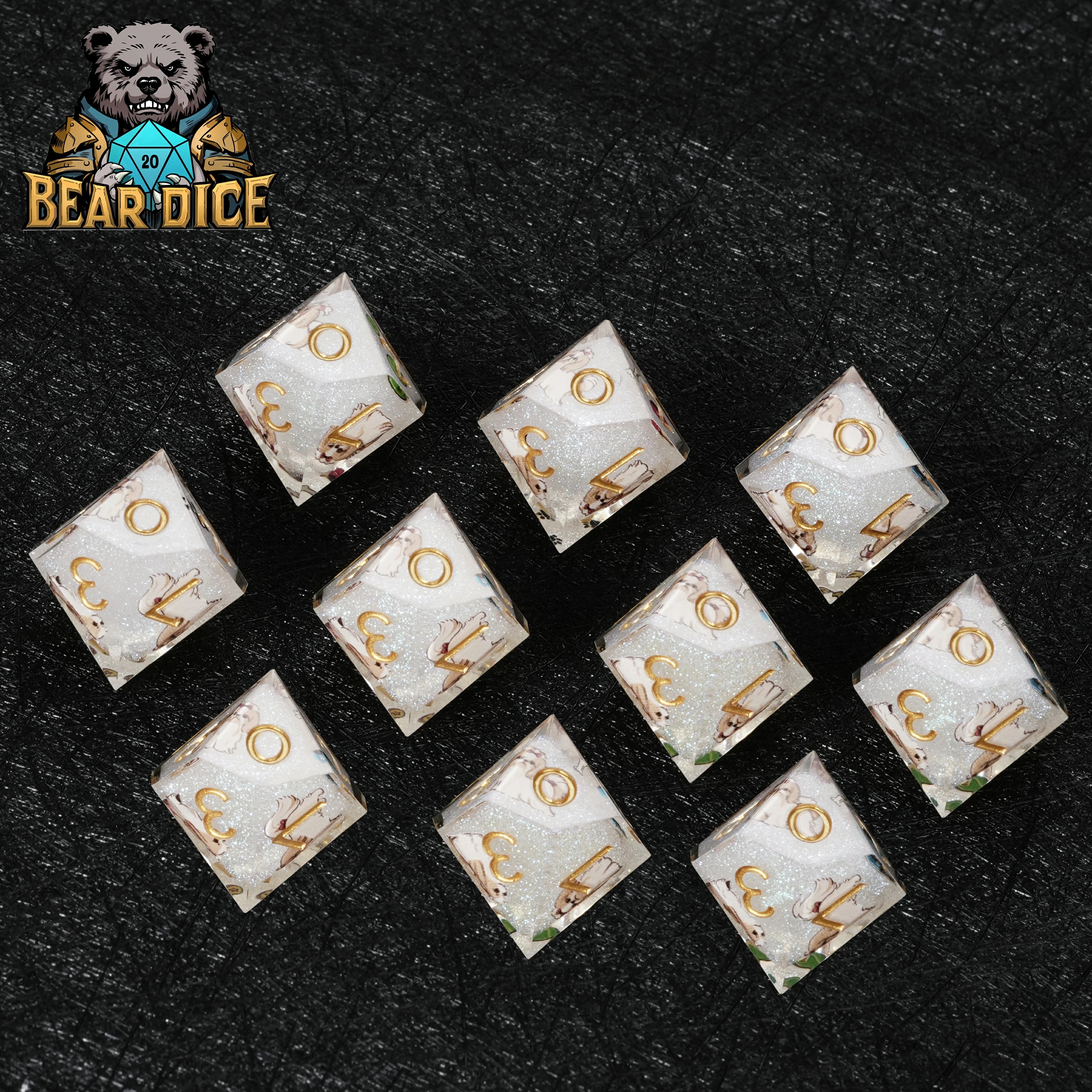 White Glitter Resin Shih Tzu DND D10 Dice | Handcrafted RPG Dice Set