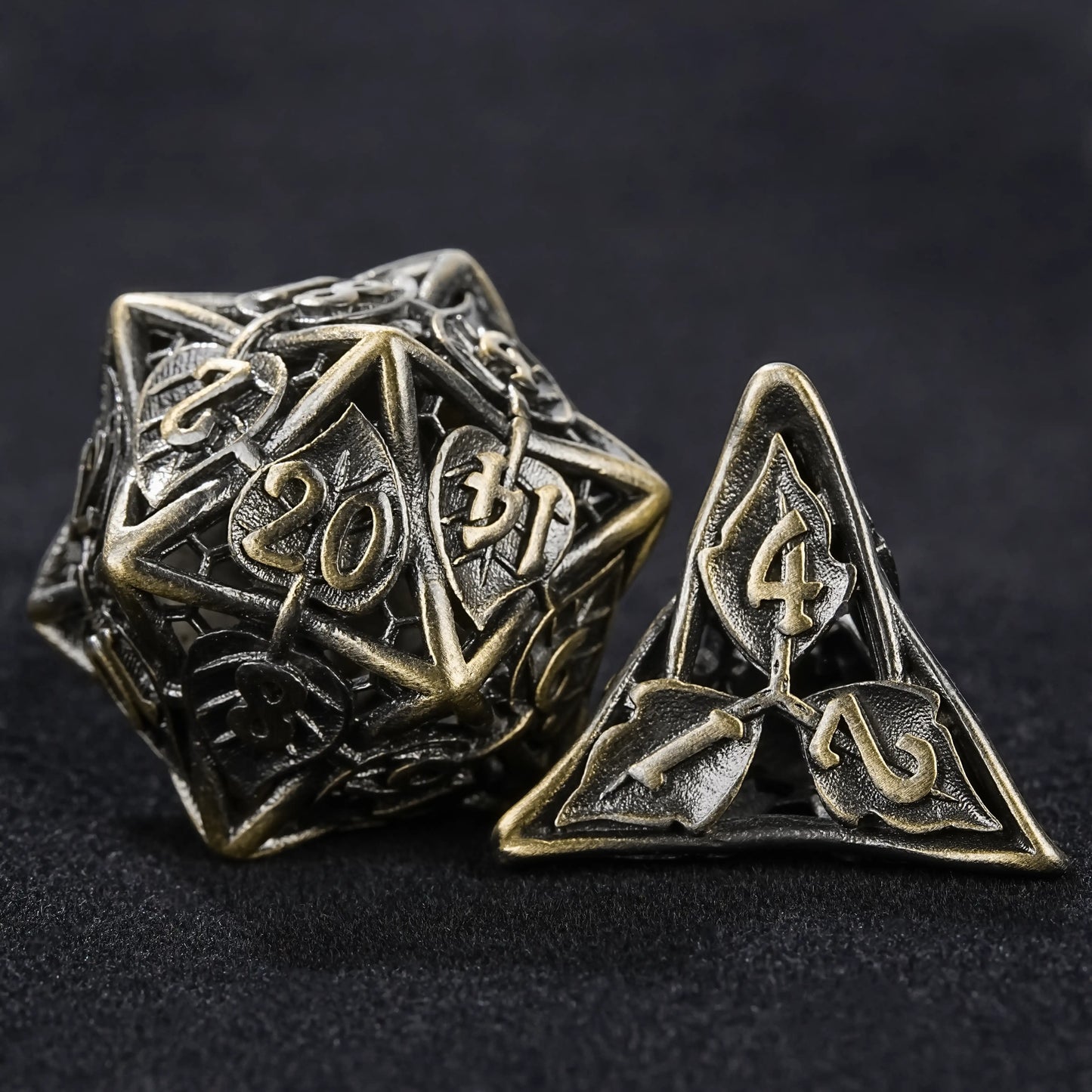 Vintage Bronze D20-D4 Combination Hollow Metal RPG Dice | Bear Dice
