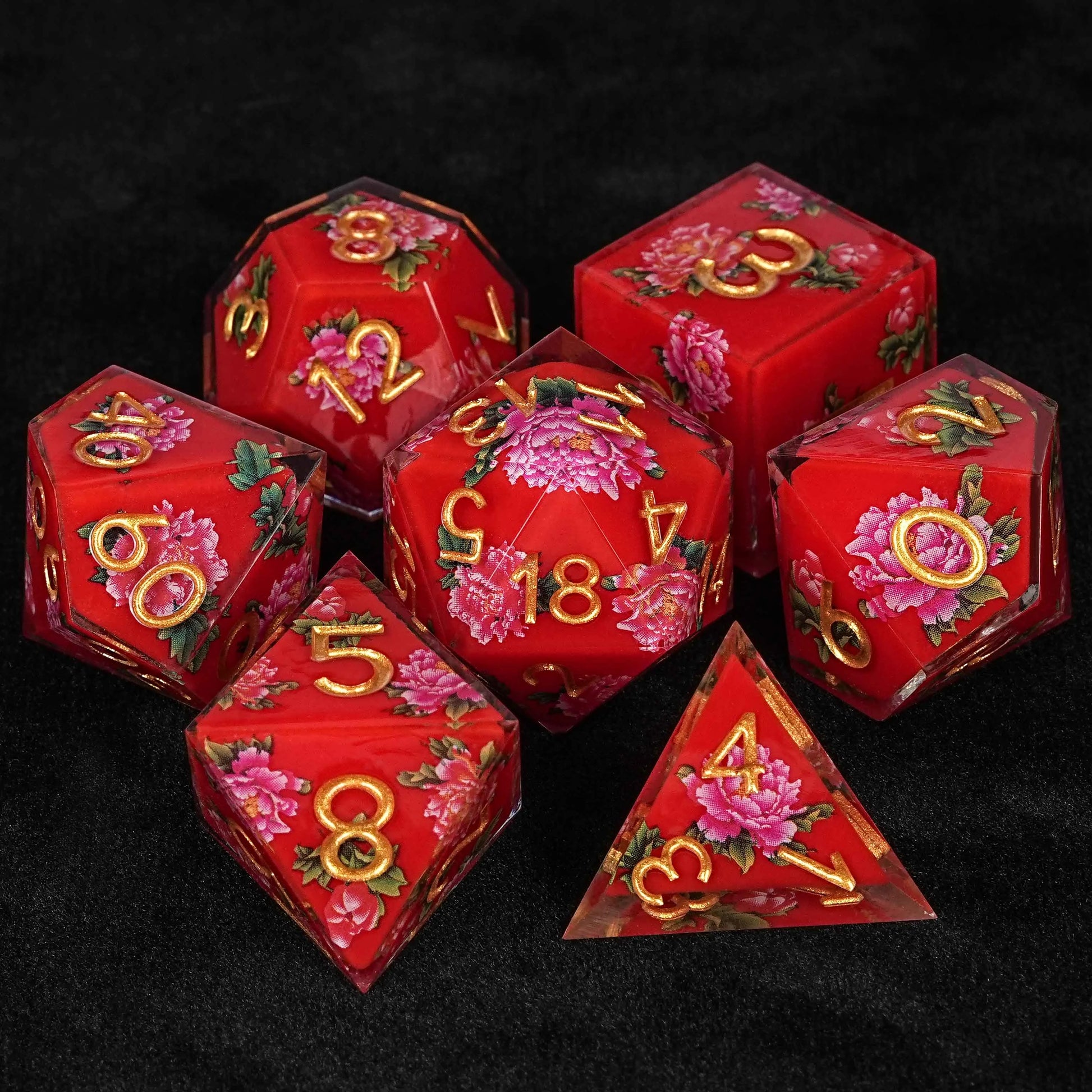 Red Peony Flower Resin DND Dice Set+ Gold Number | Bear Dice