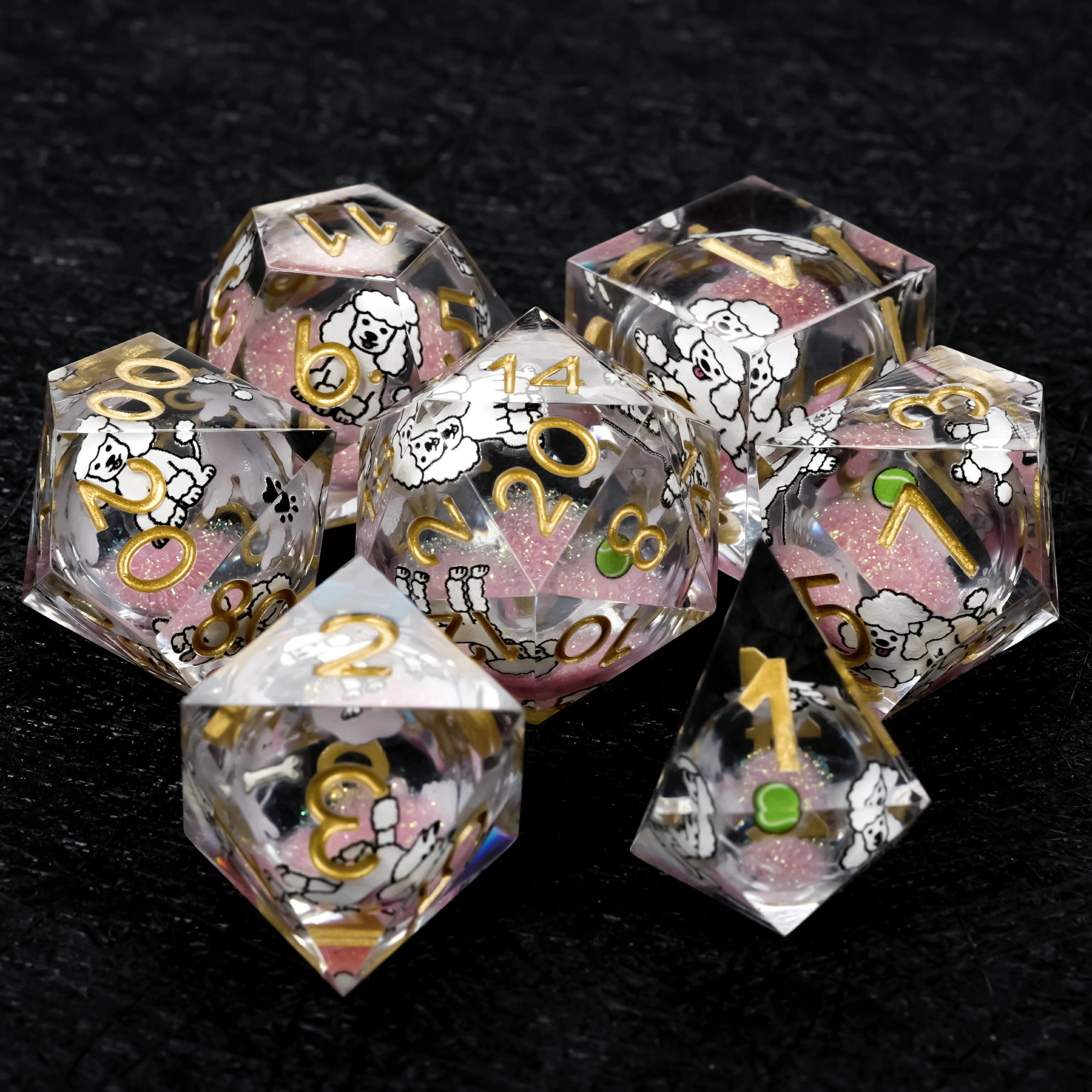 Poodle Pink Liquid-Core Dice Set + Gold Numbers