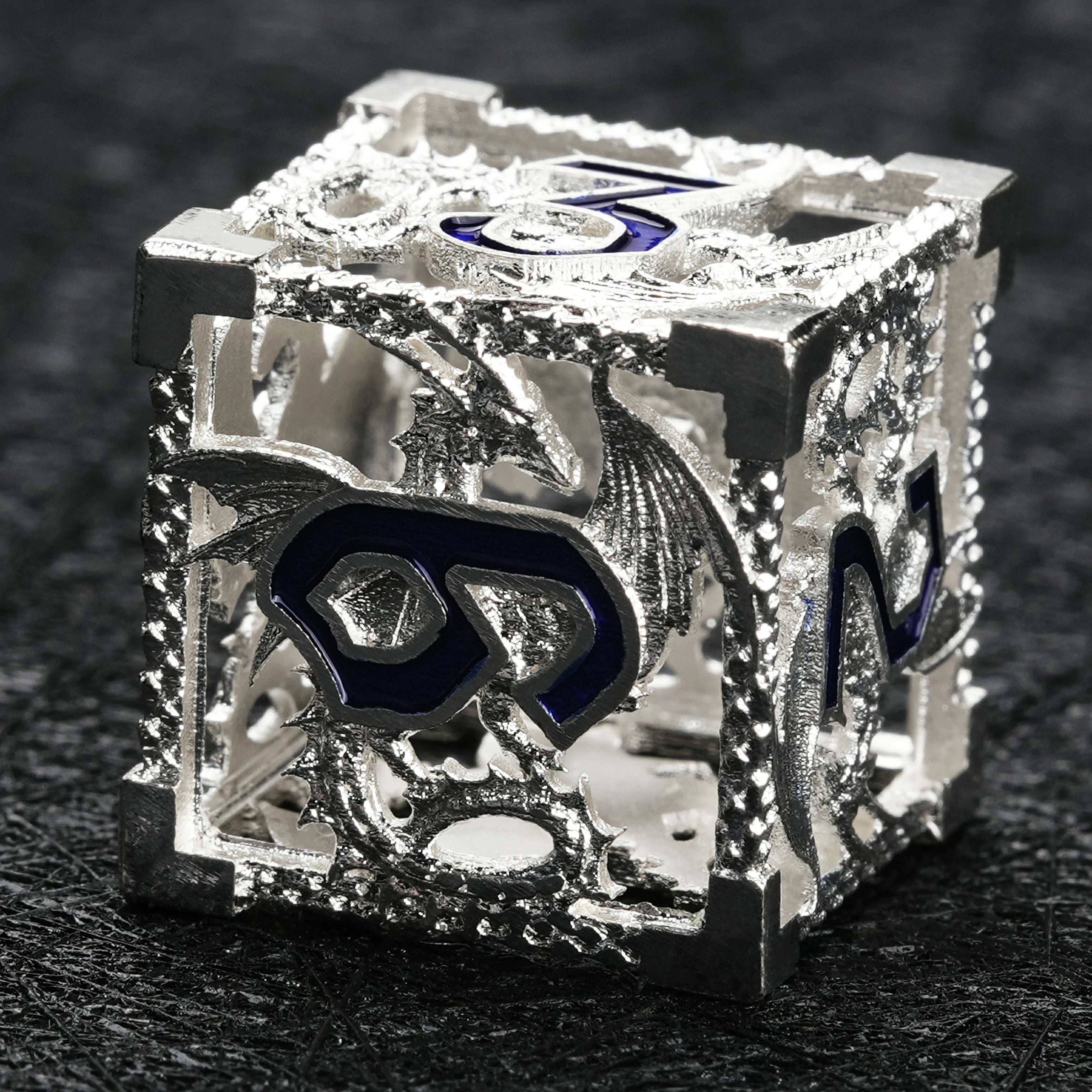 Silver flying dragon openwork metal dice set in Bear Dice gift box with velvet bag