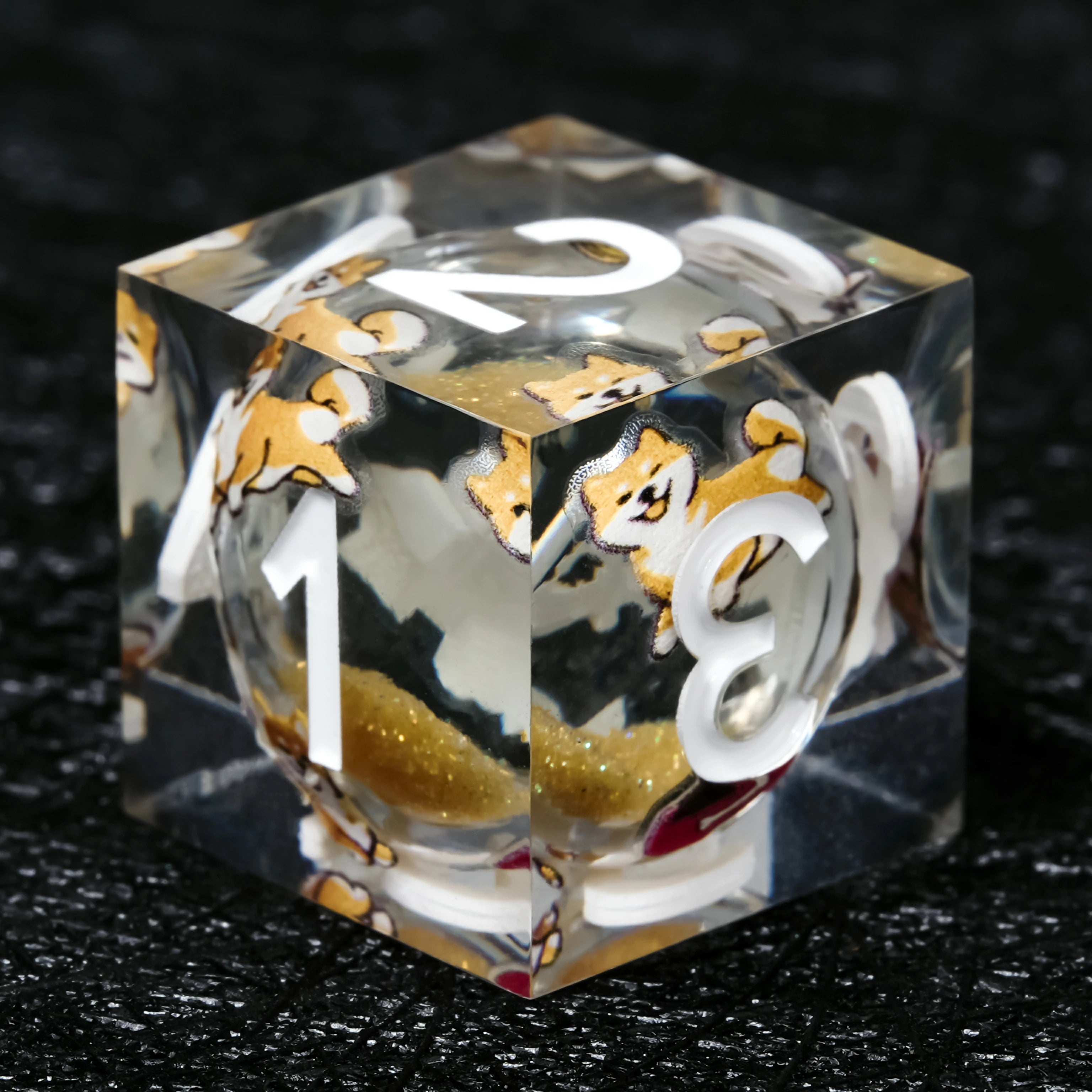 Shiba Inu Orange Liquid Core Resin Dice Set – 7-Piece DnD Polyhedral Dice with White Numbers