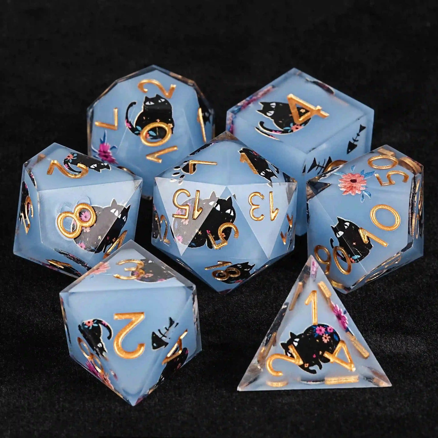 Cool dice sets: 7 gold font polyhedron dnd black cat resin dice | Bear Dice