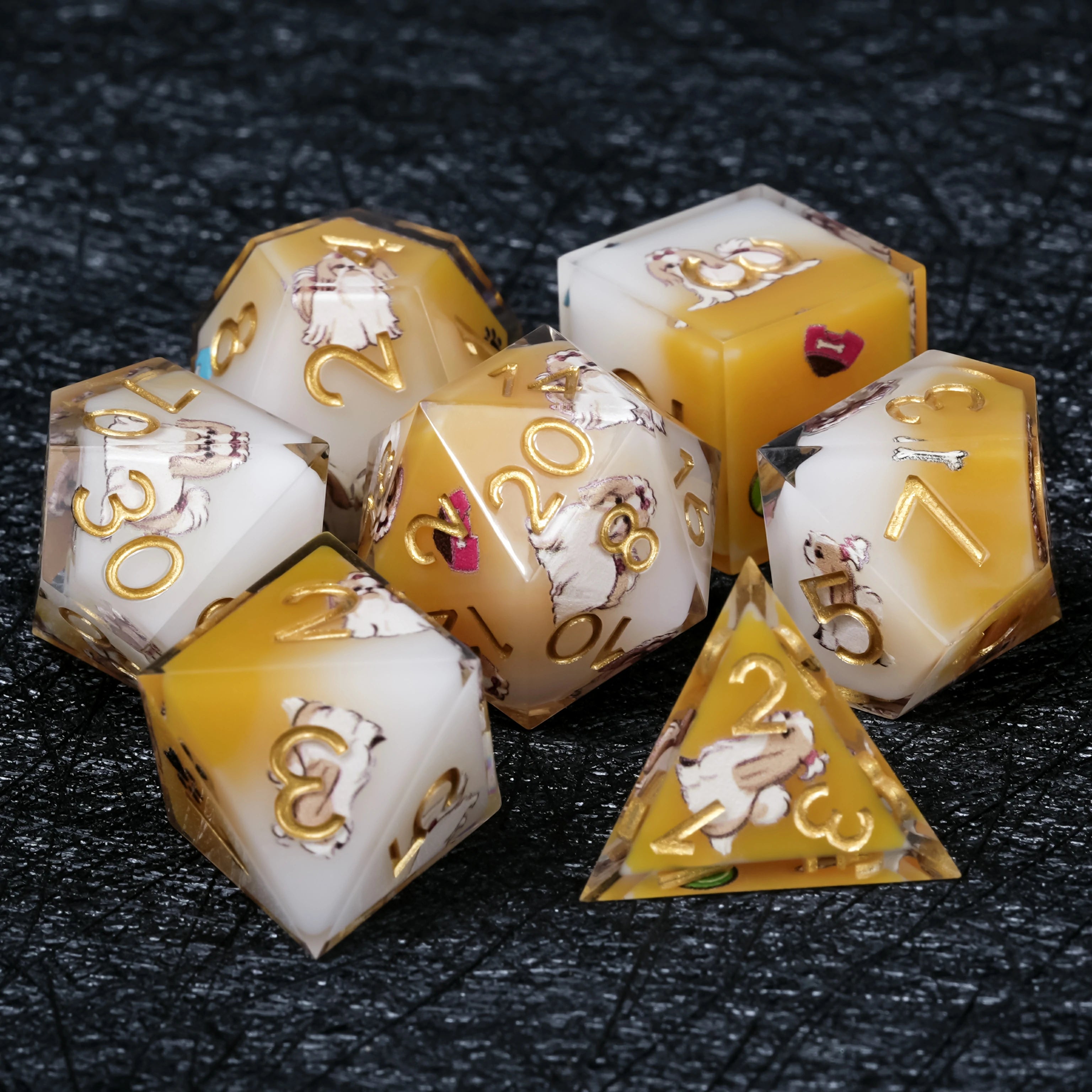 Shih Tzu Dice Set – Yellow & White Resin Polyhedral Dice with Gold Numbers