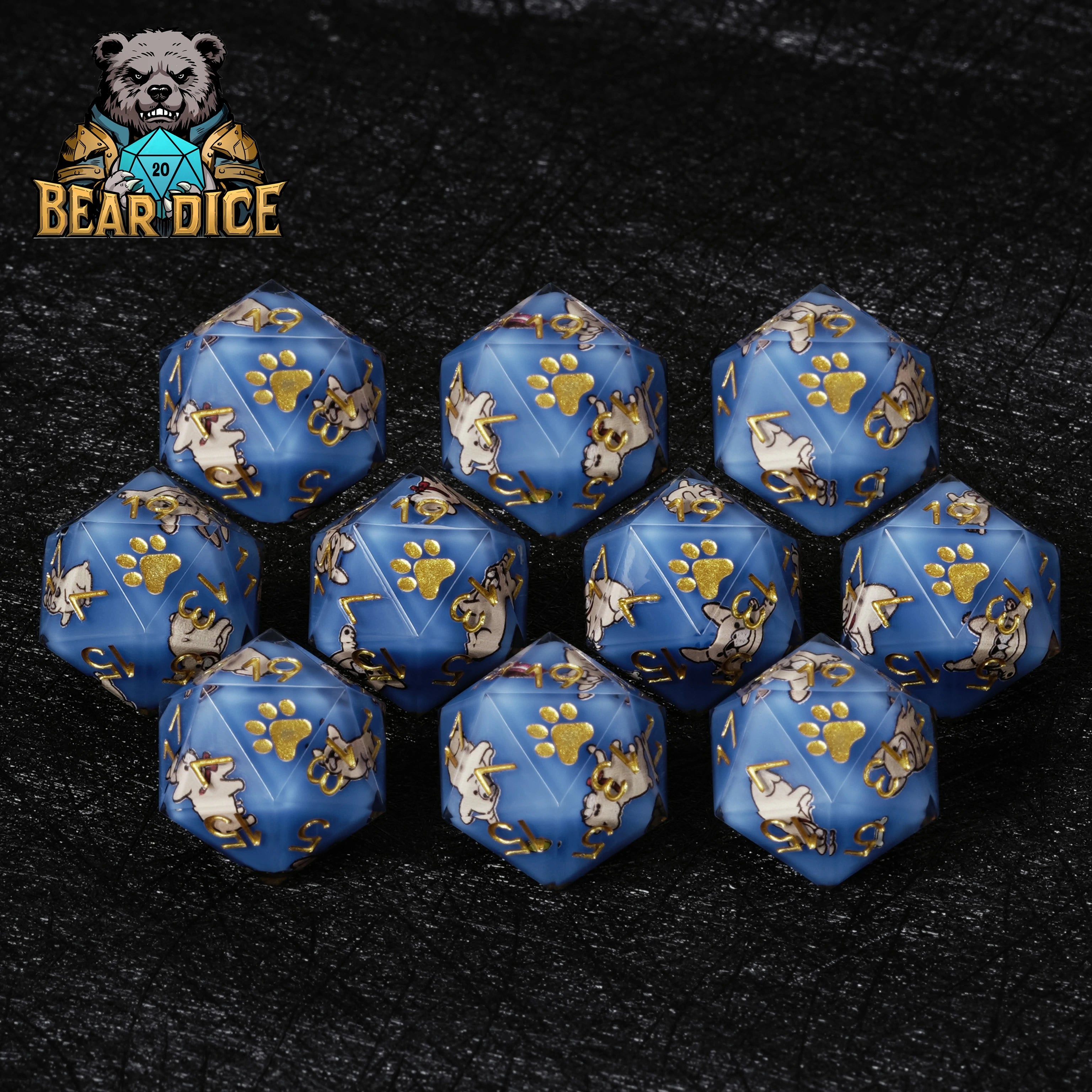 Bulldog Blue Resin DND Dice Set | Sharp-Edge French Bulldog D&D Polyhedral Dice | Bear Dice