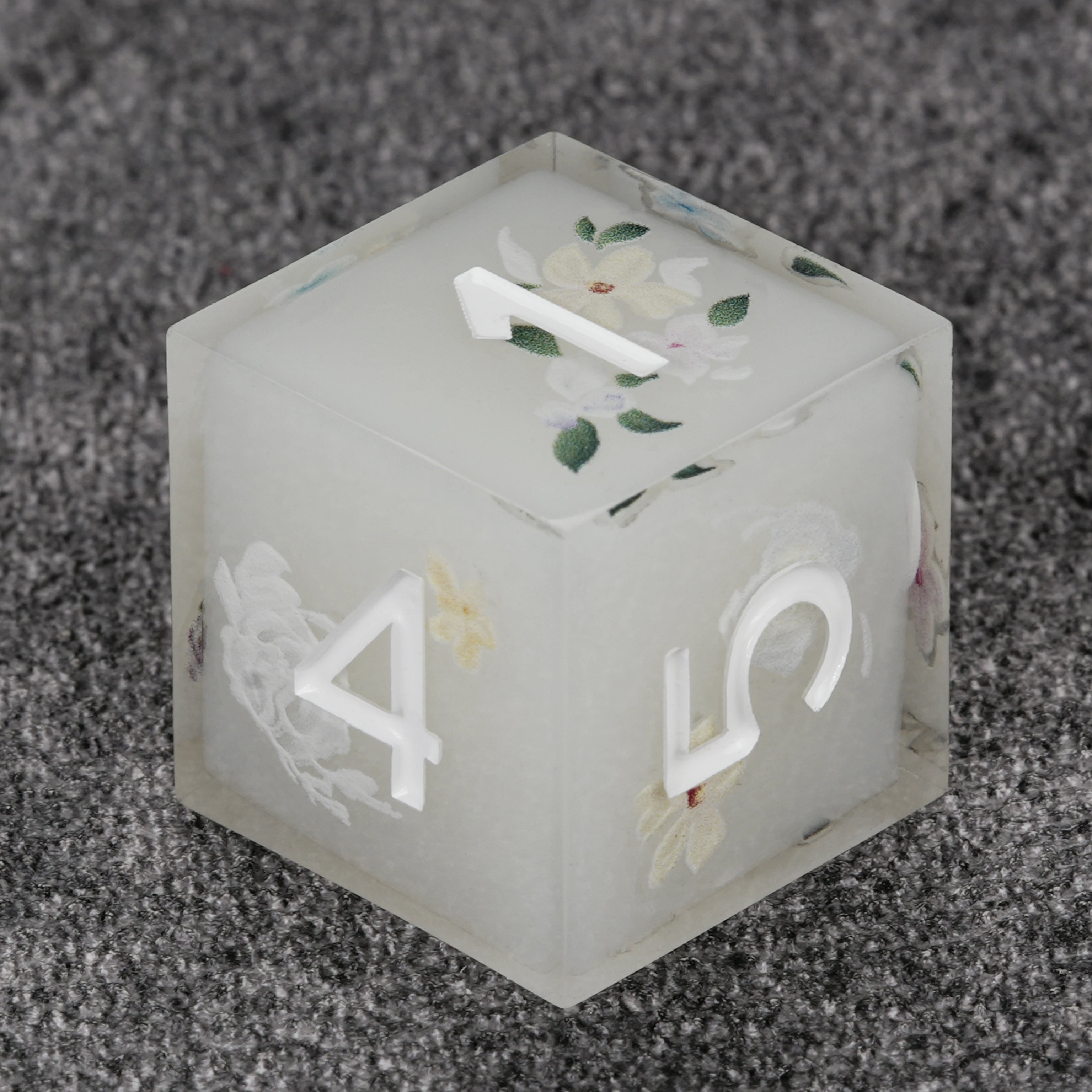Off-White Resin DND Dice Set | Fresh Floral & Green Leaf Pattern
