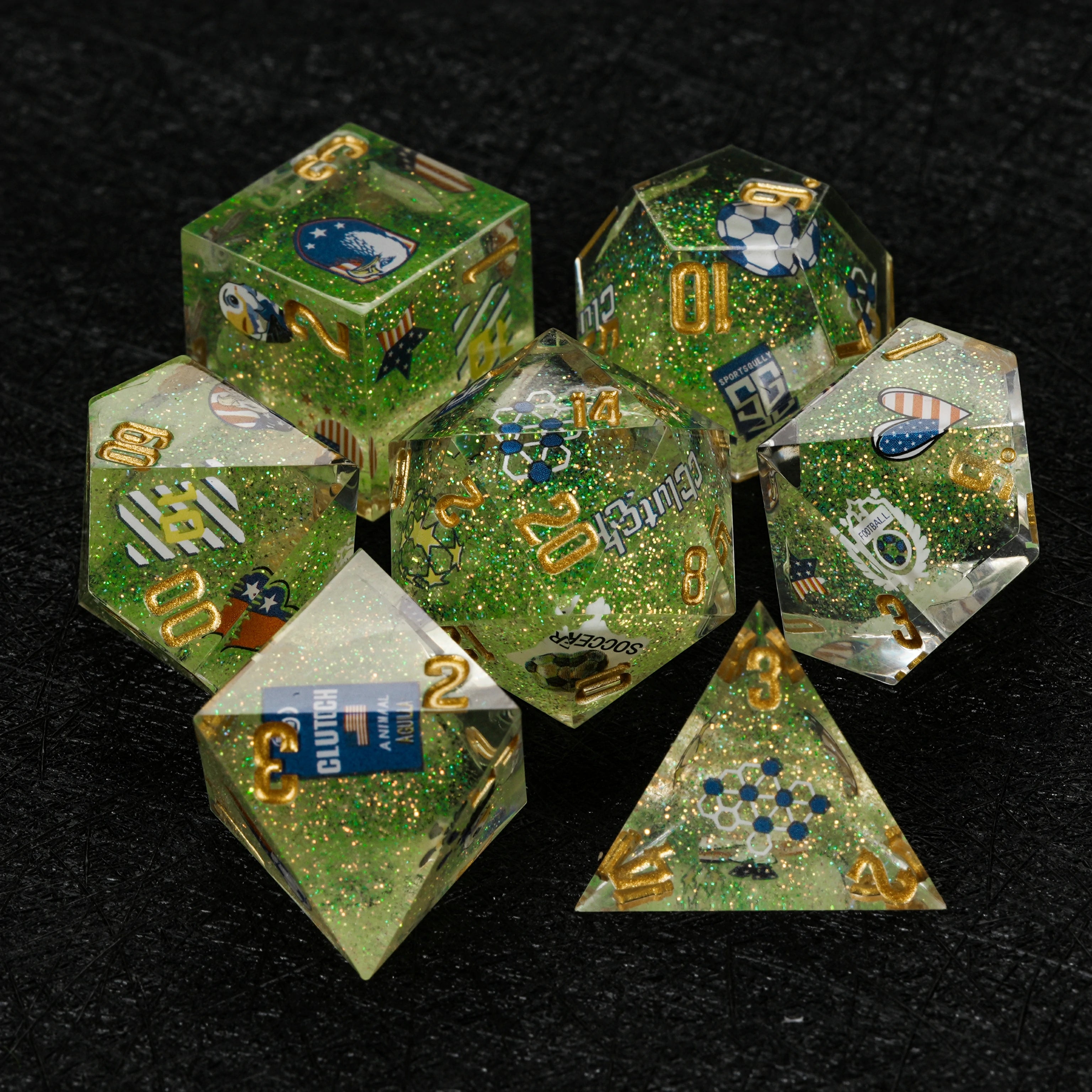 World Cup USA Soccer DND Dice Set – Green Glitter Resin 7-Piece RPG Dice
