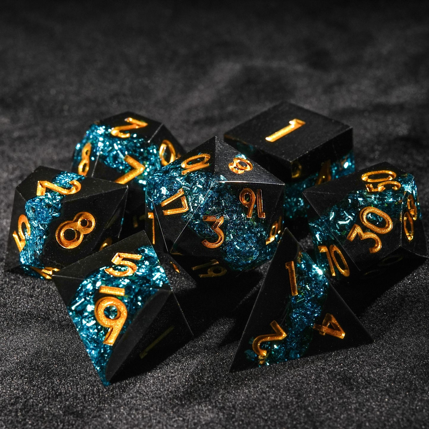 Blue Star River - Dark Resin DND Dice Set + Gold Font | Bear Dice