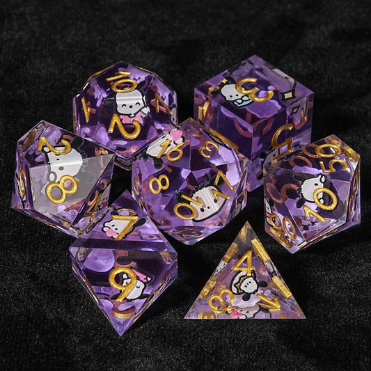 Purple Pacha Dog Resin DND Dice Set + Gold Number | Bear Dice