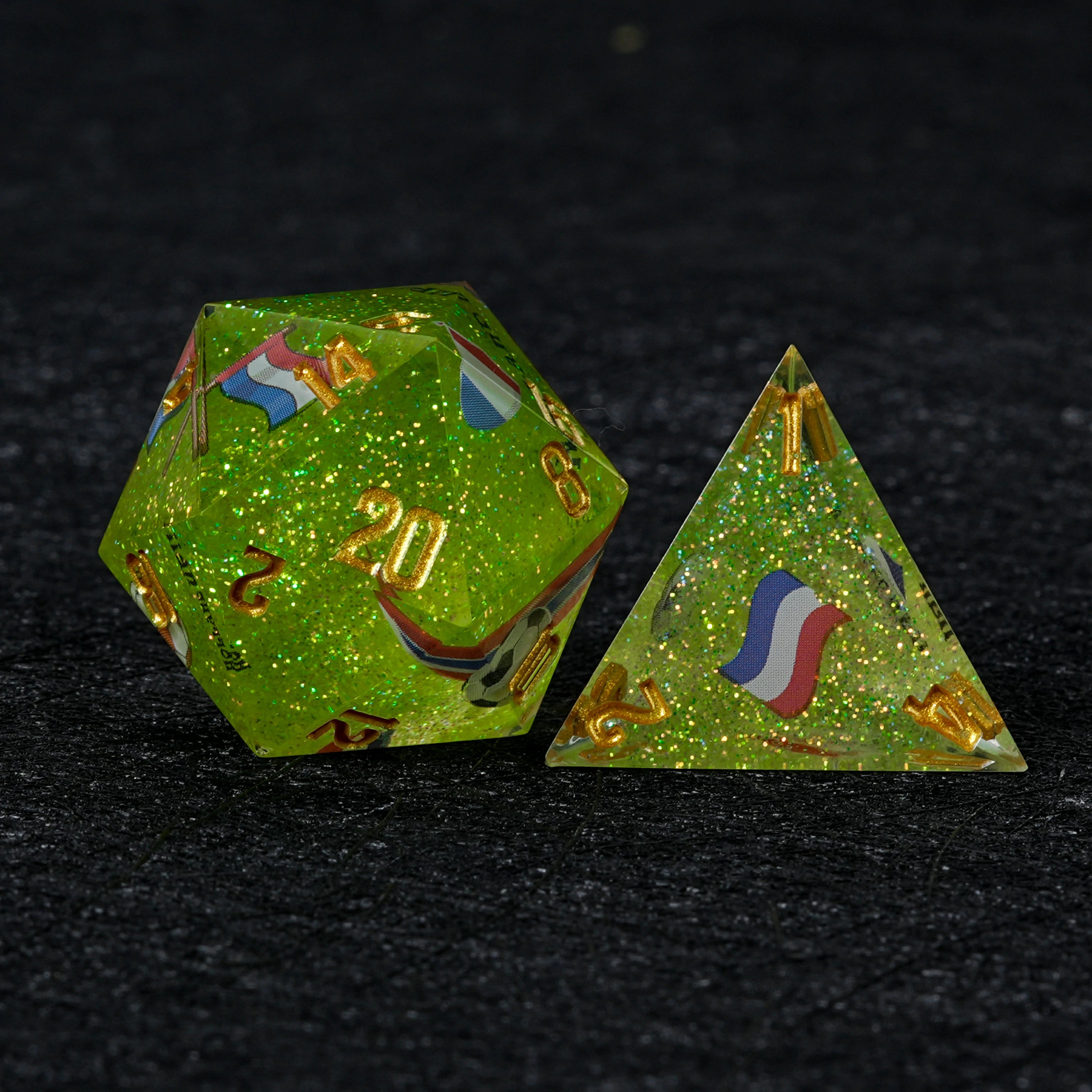 Netherlands Football DND Dice Set | World Cup Kickstarter Green Glitter Resin Dice