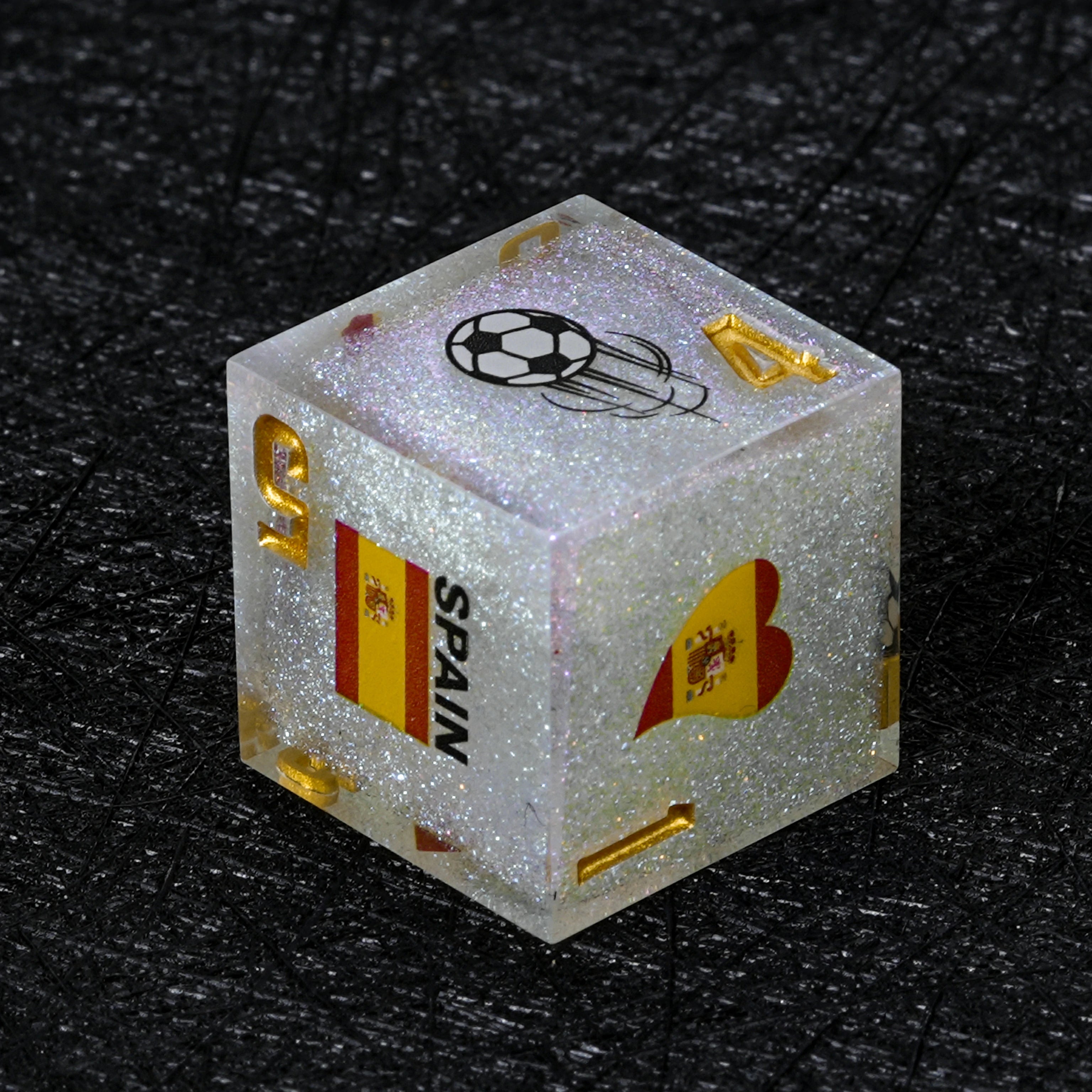 Spain Soccer Resin DND Dice Set – White Glitter World Cup D&D Dice