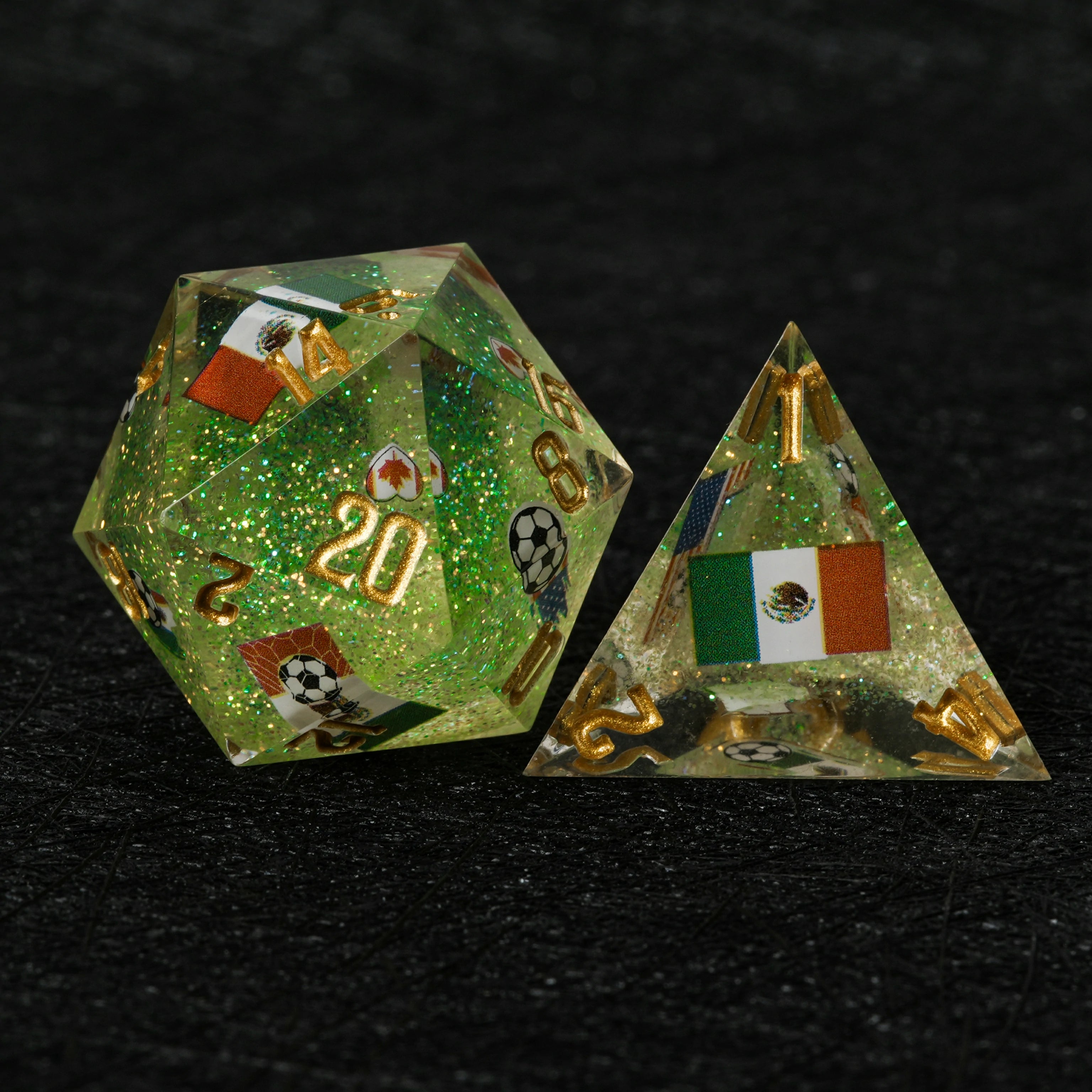 World Cup DND Resin Dice Set – USA Canada Mexico Kickstarter Green Glitter