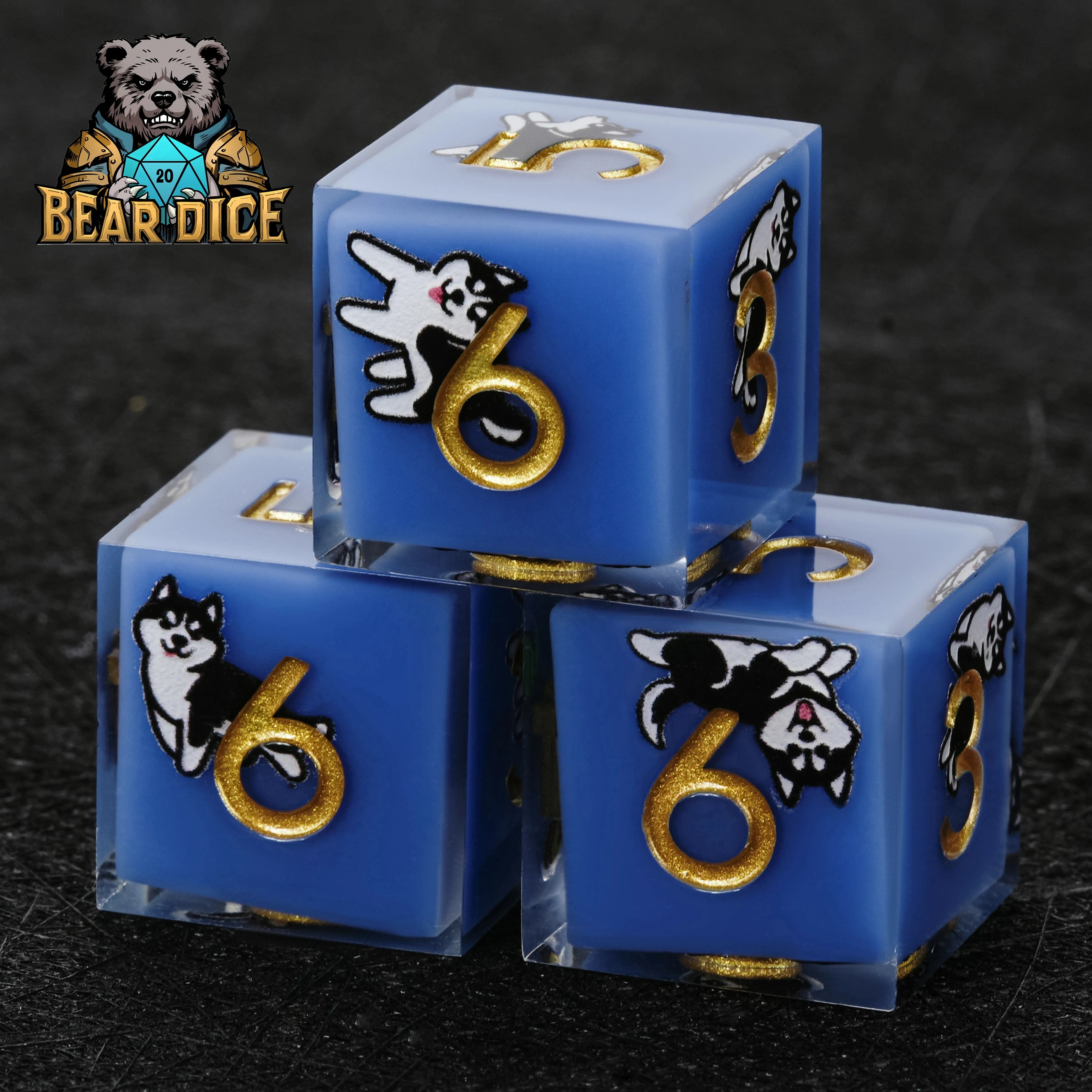 Husky Blue Resin DND D6 Dice | Polyhedral RPG Six-Sided Die with Husky Art