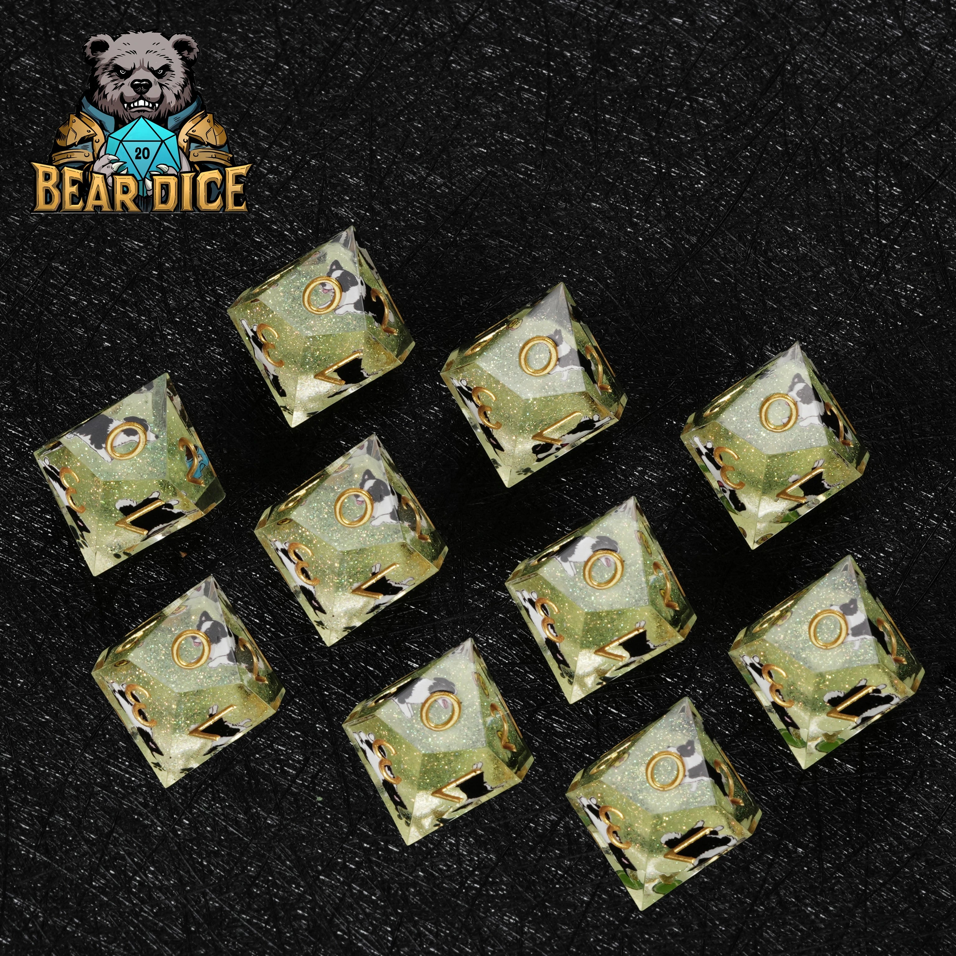 Border Collie Green Glitter Resin D&D D10 Dice | RPG Dice for Dog Lovers