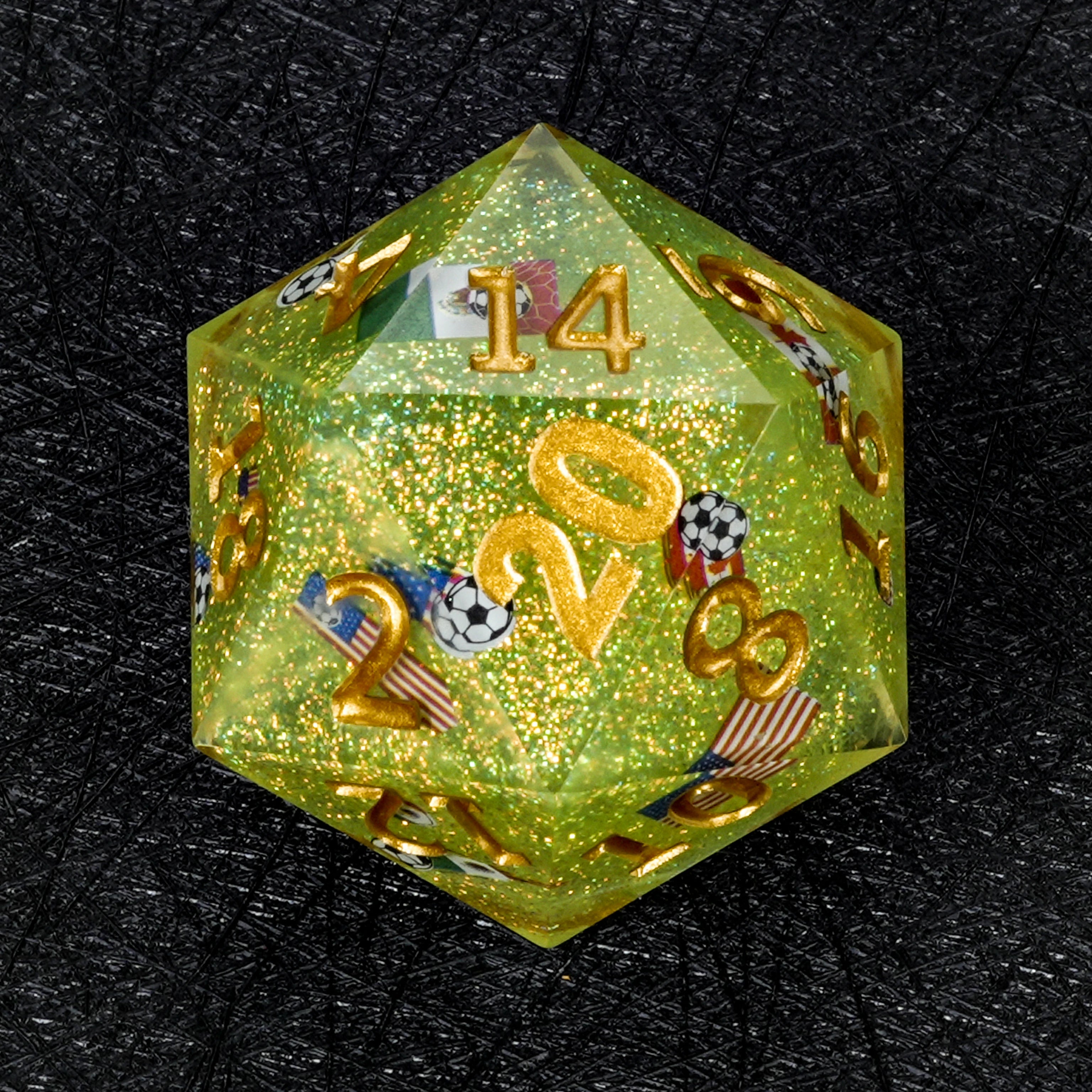 35mm World Cup Giant D20 Dice – Green Glitter Resin Soccer DND Dice (USA/Canada/Mexico)