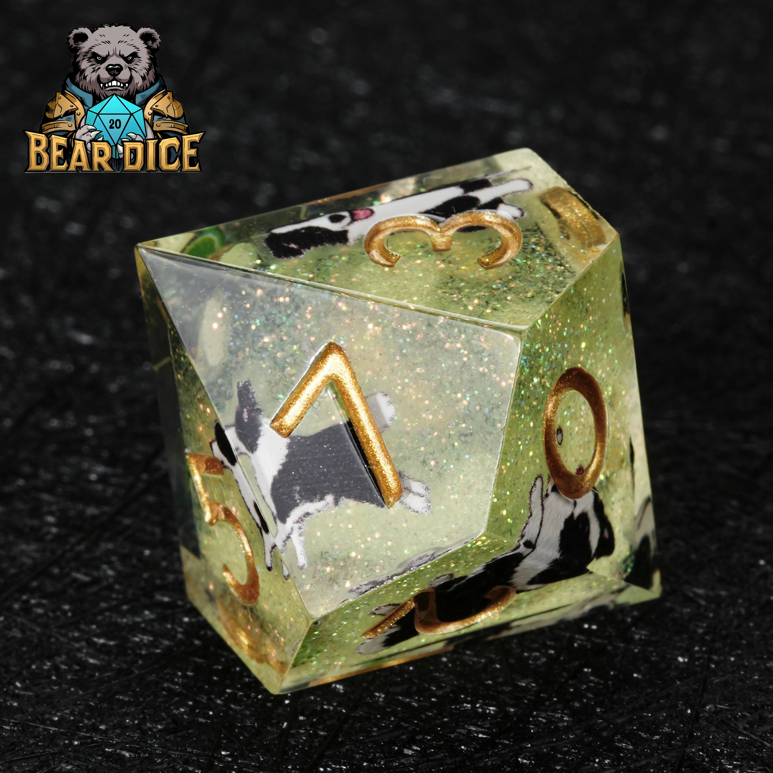 Border Collie Green Glitter Resin D&D D10 Dice | RPG Dice for Dog Lovers