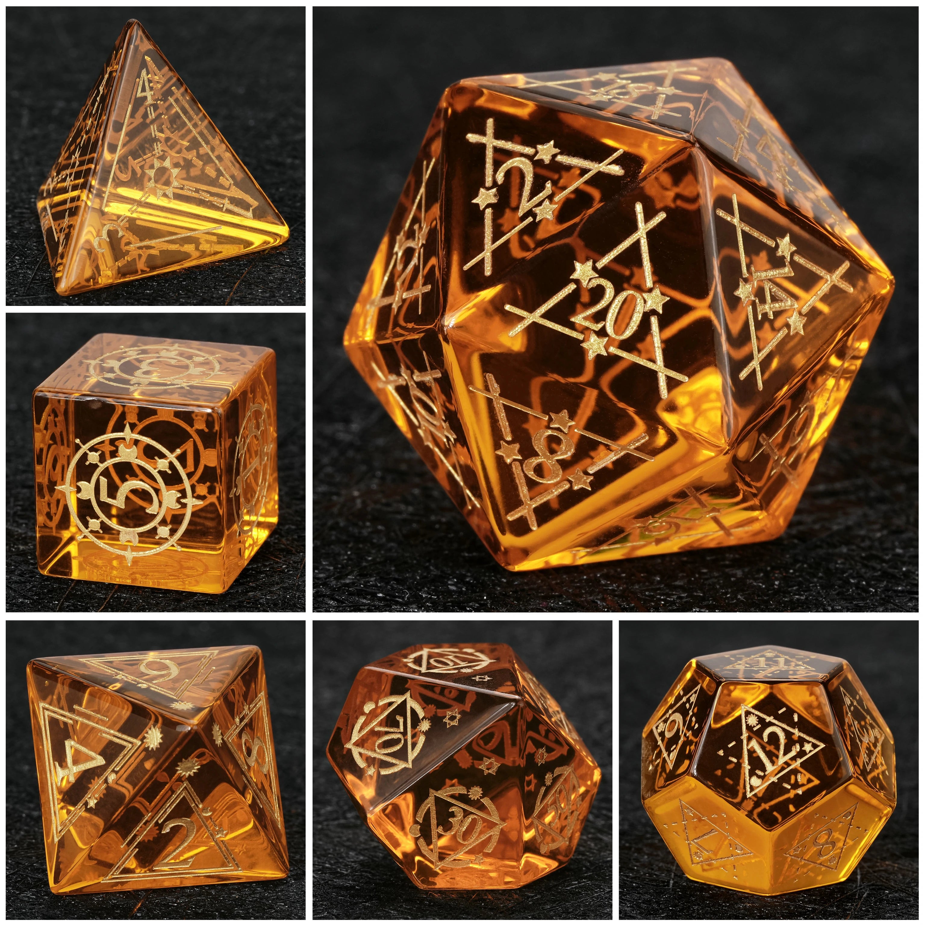 Orange Glass Dice Set with Gold Starburst Constellation Patterns