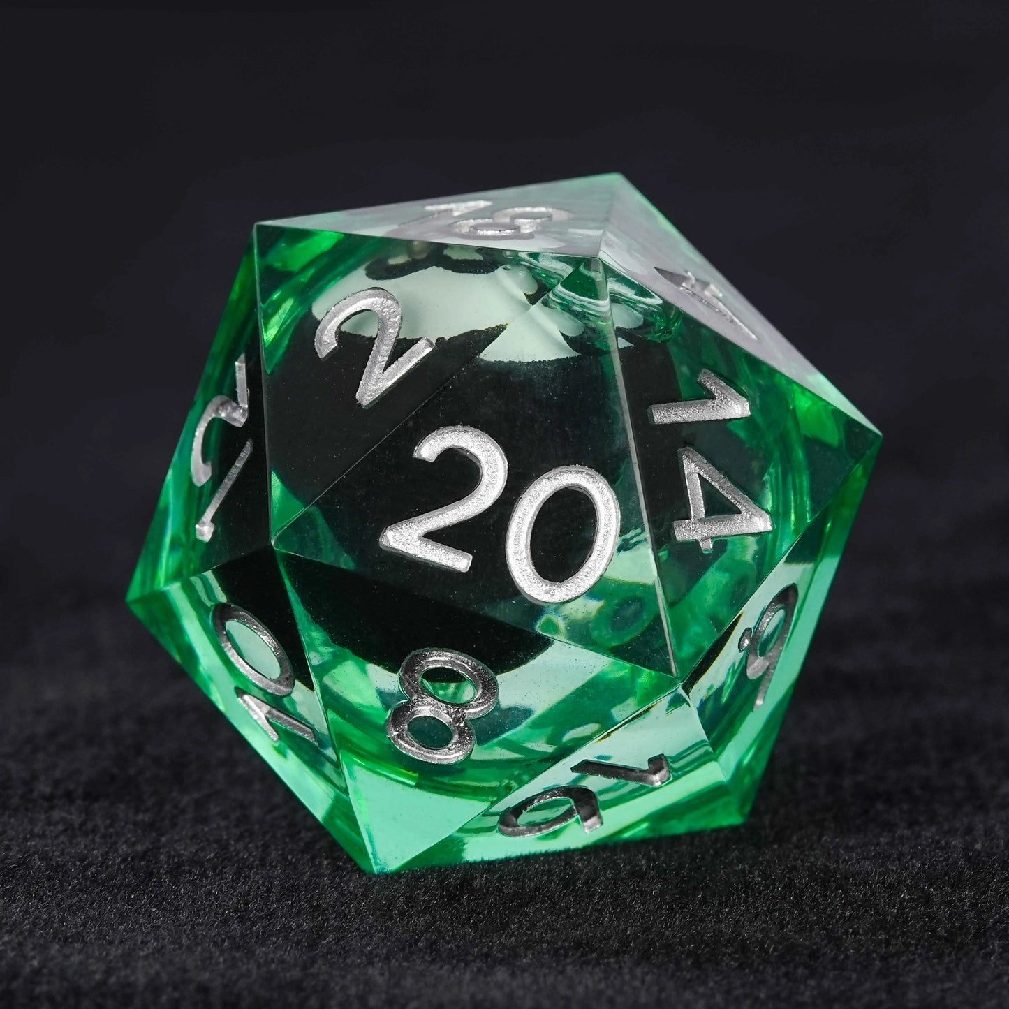 Black and White No. 8 Billiard Ball Core Green Resin DND D20  Dice + Silver Font | Bear Dice