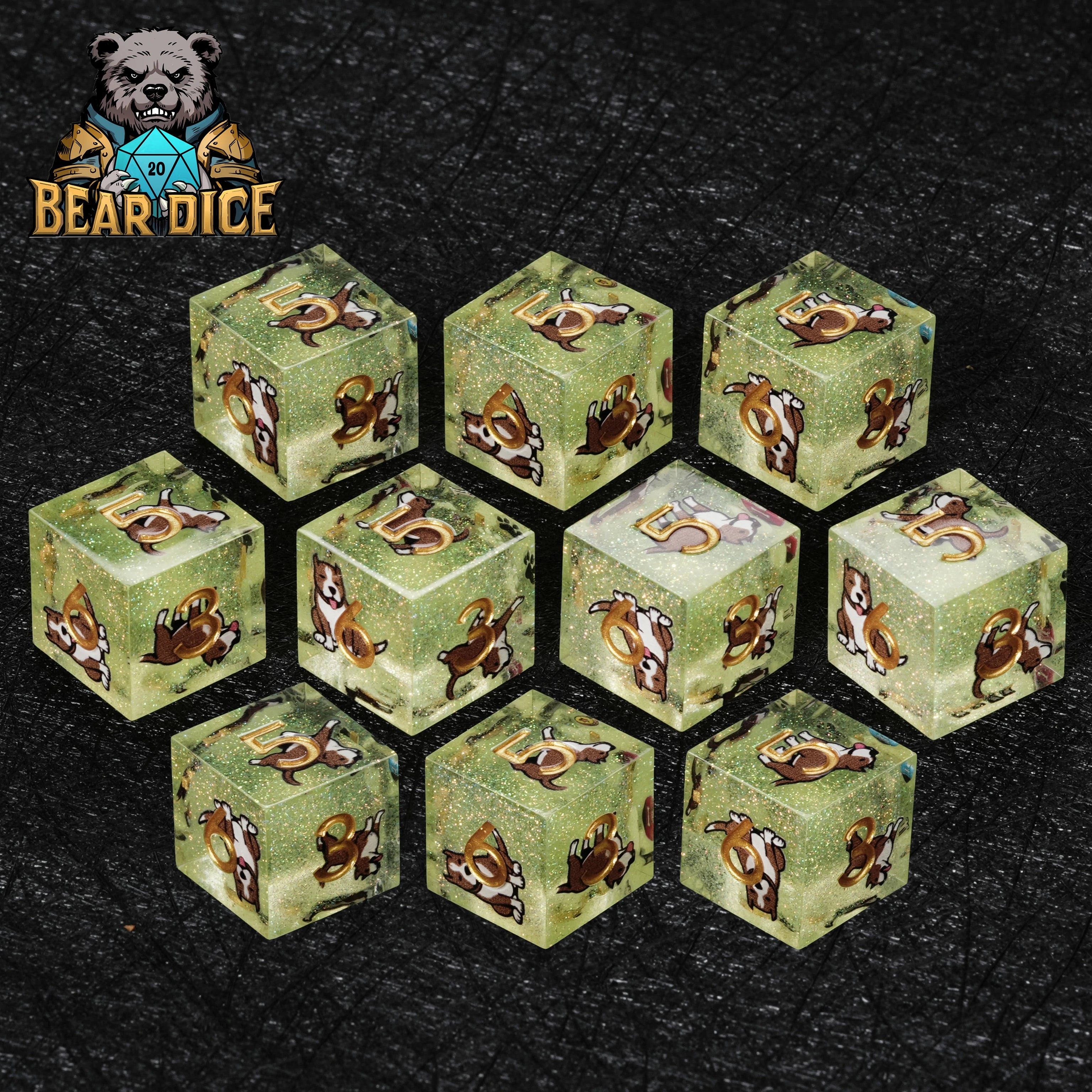American Pit Bull Green Glitter Resin D6 Dice Set for DnD RPG — 10 Piece