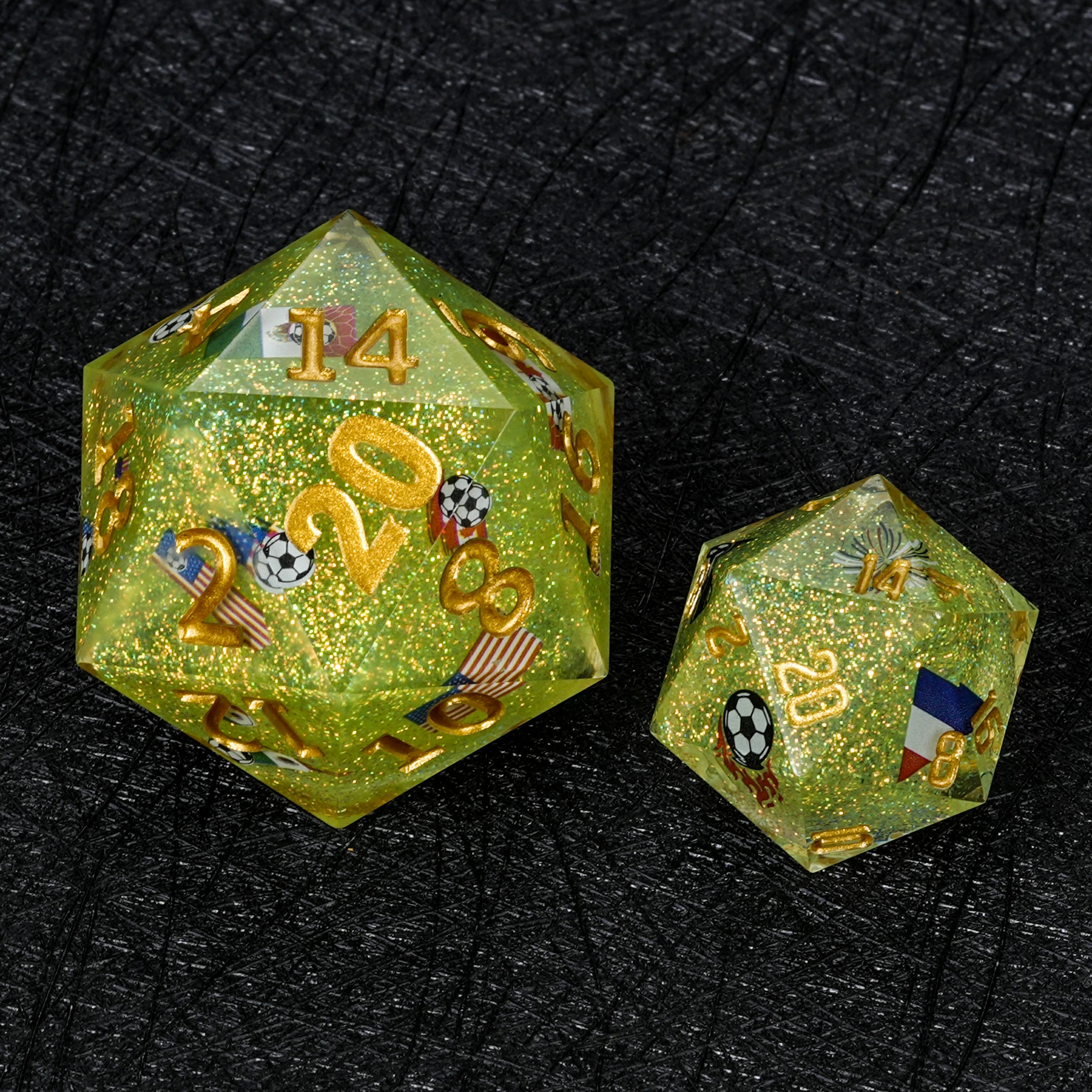 35mm World Cup Giant D20 Dice – Green Glitter Resin Soccer DND Dice (USA/Canada/Mexico)