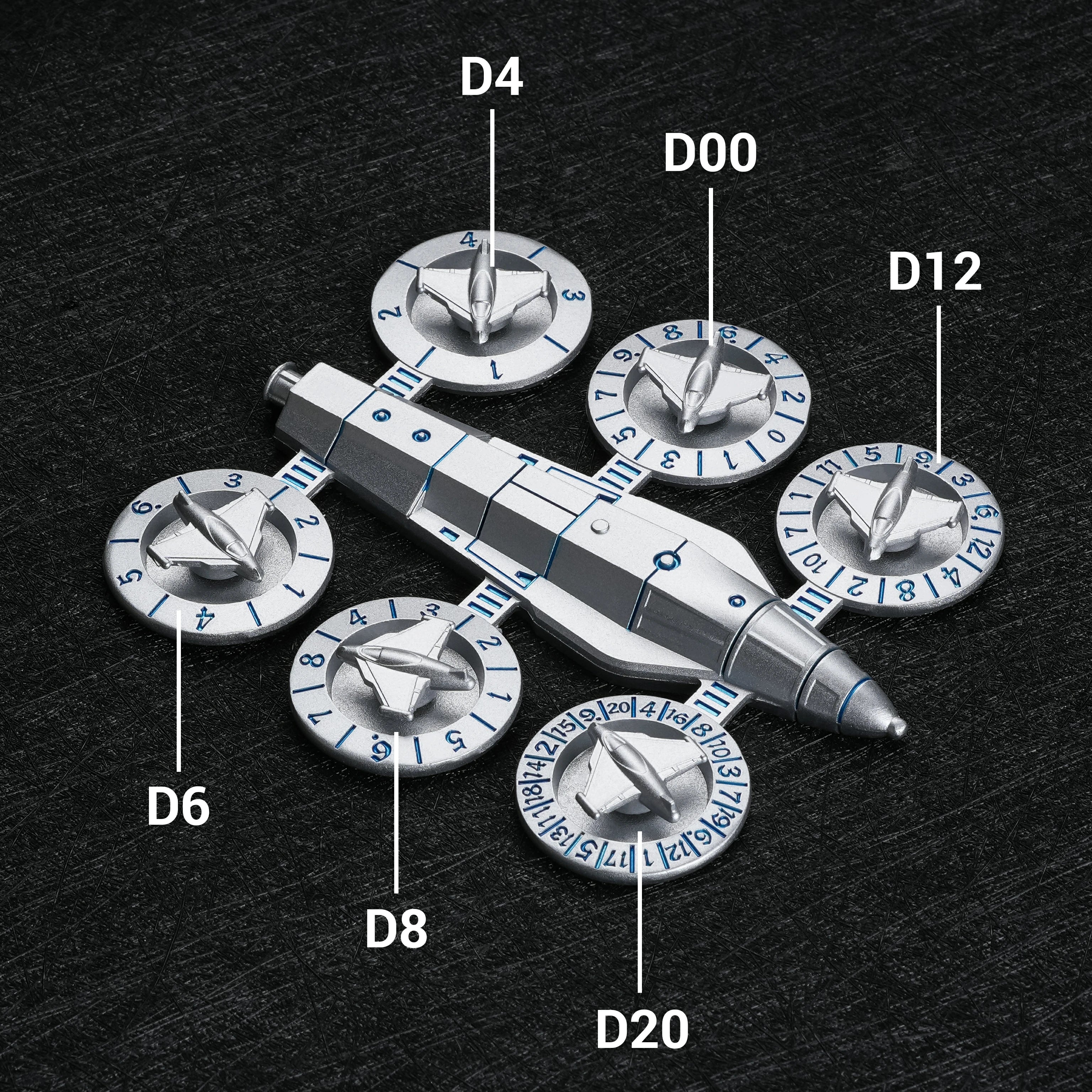 Spaceship Wing Spinner Metal Dice Set labeled diagram showing D4, D6, D8, D10, D12, D20, D00 positions