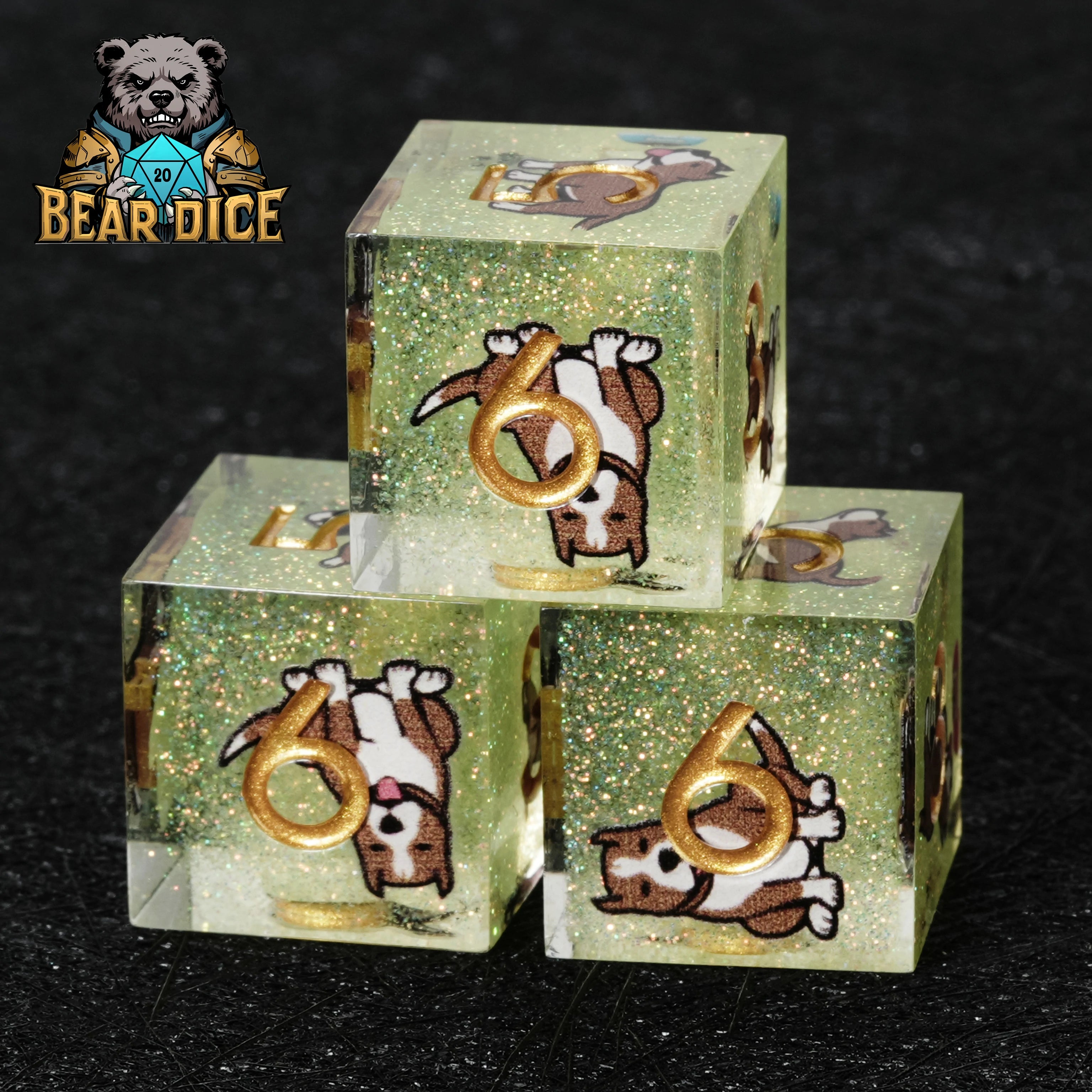 American Pit Bull Green Glitter Resin D6 Dice Set for DnD RPG — 10 Piece