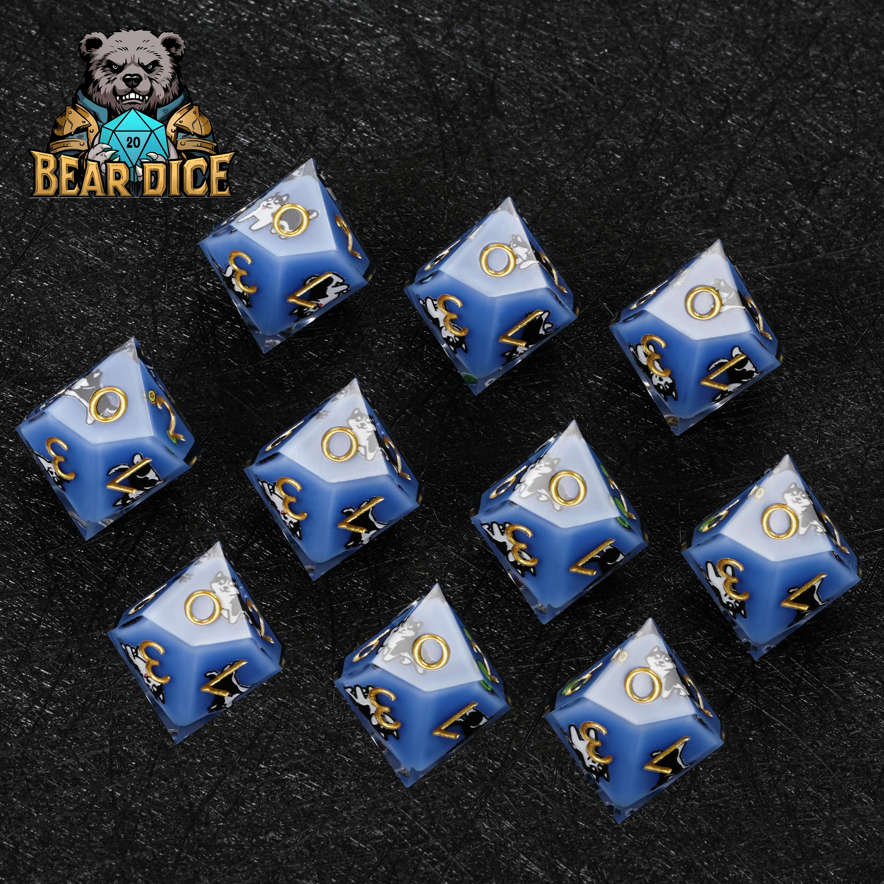 Husky Blue Resin DND Dice Set | 7-Piece Polyhedral RPG Dice with Husky Art