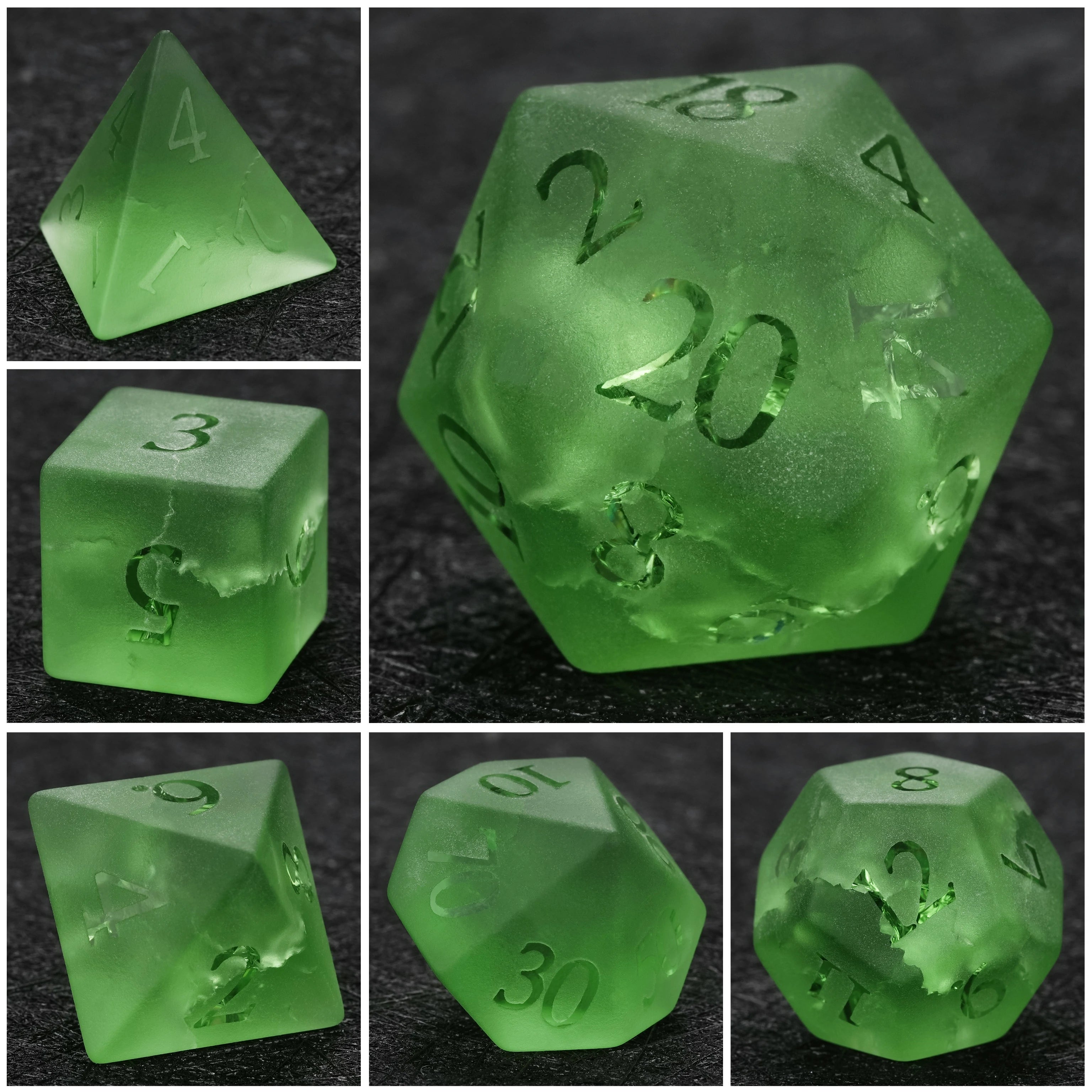 Green Frosted Crackle-Effect Glass Gemstone Dice Set with Raised Numbers