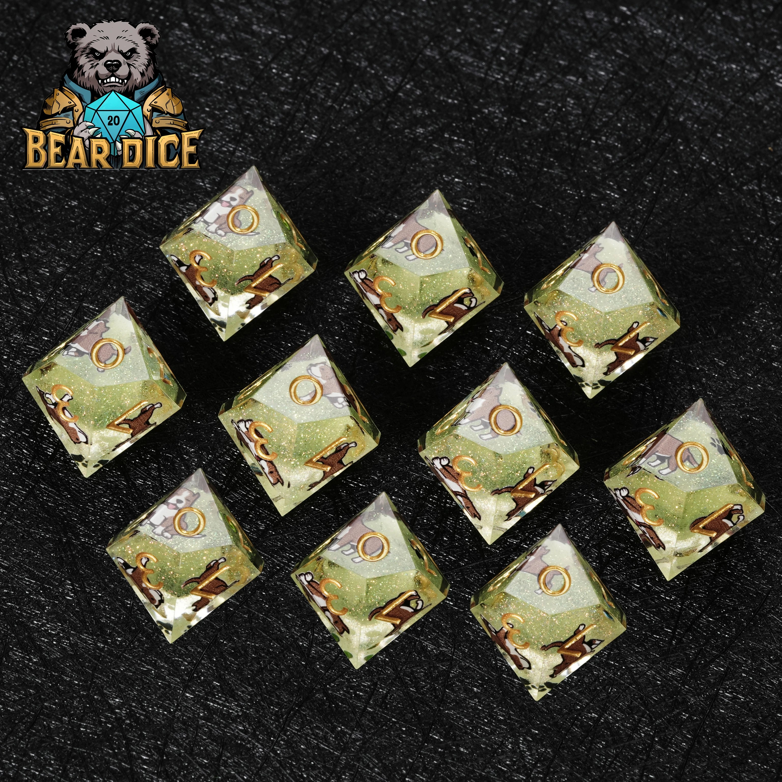 American Pit Bull Green Glitter Resin D10 Dice | Single D&D Die
