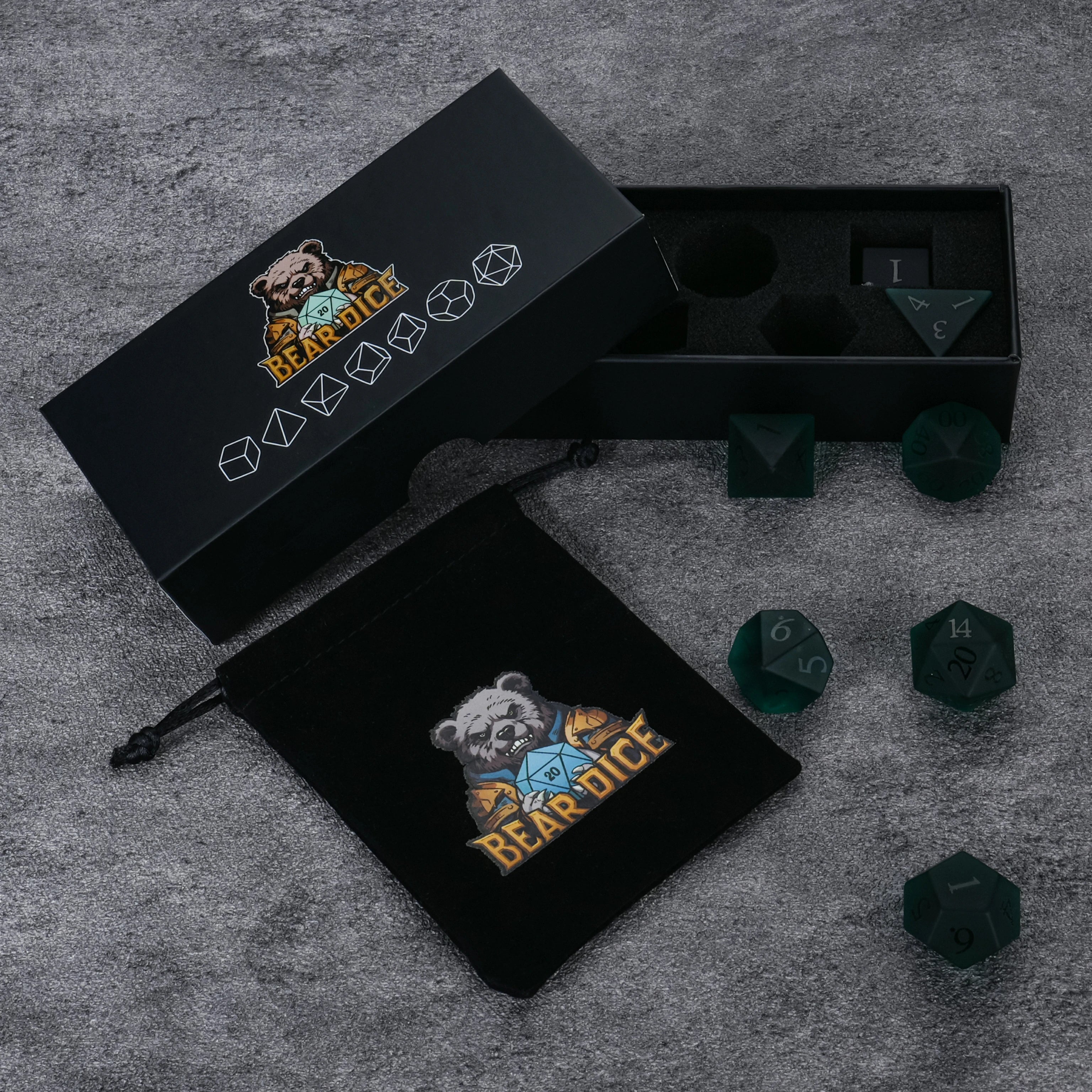 Frosted Pine-Green Glass Dice Set with Raised Numbers