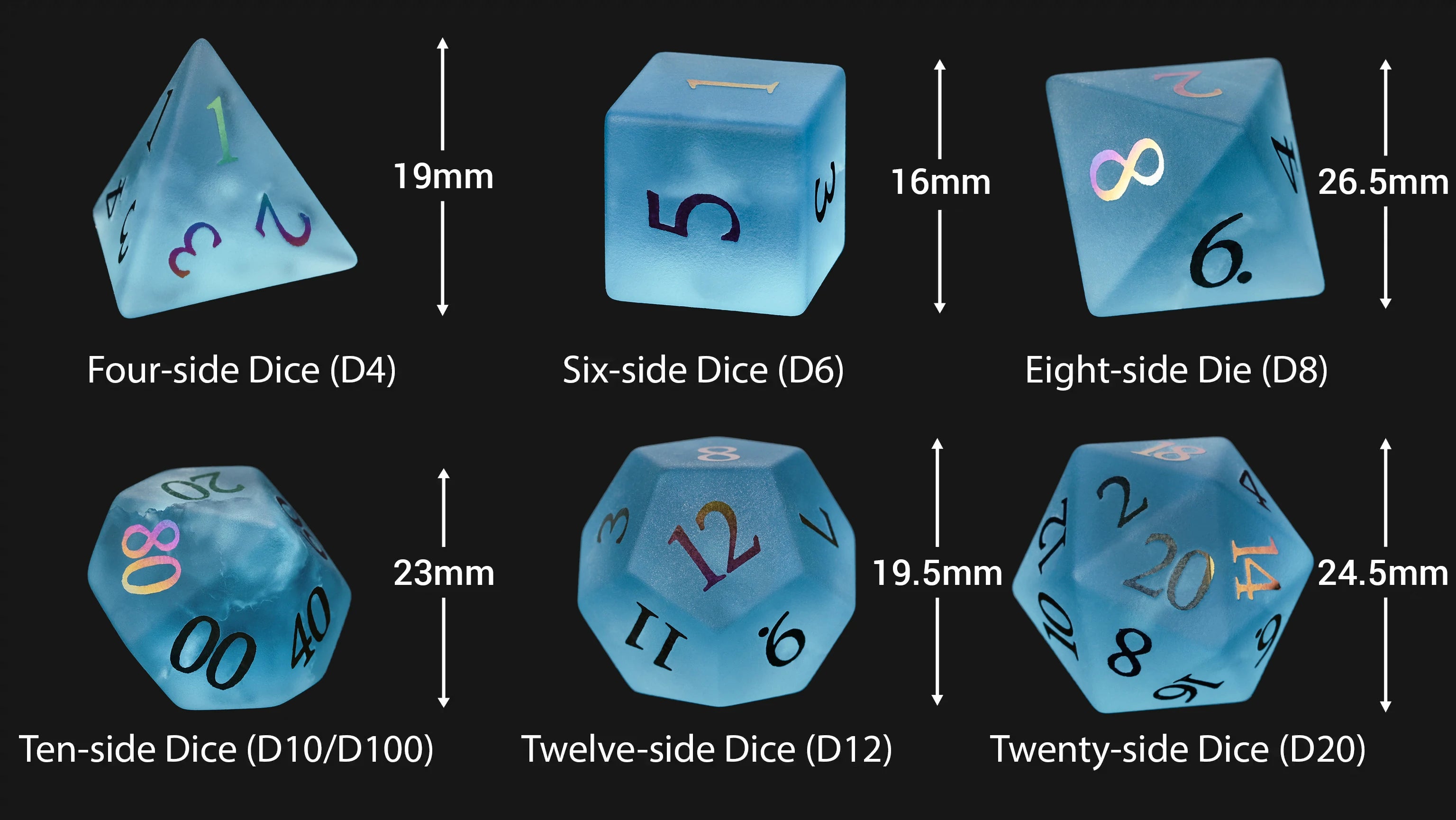 Frosted Aquamarine Crystal Glass Dice with Colored Numbers