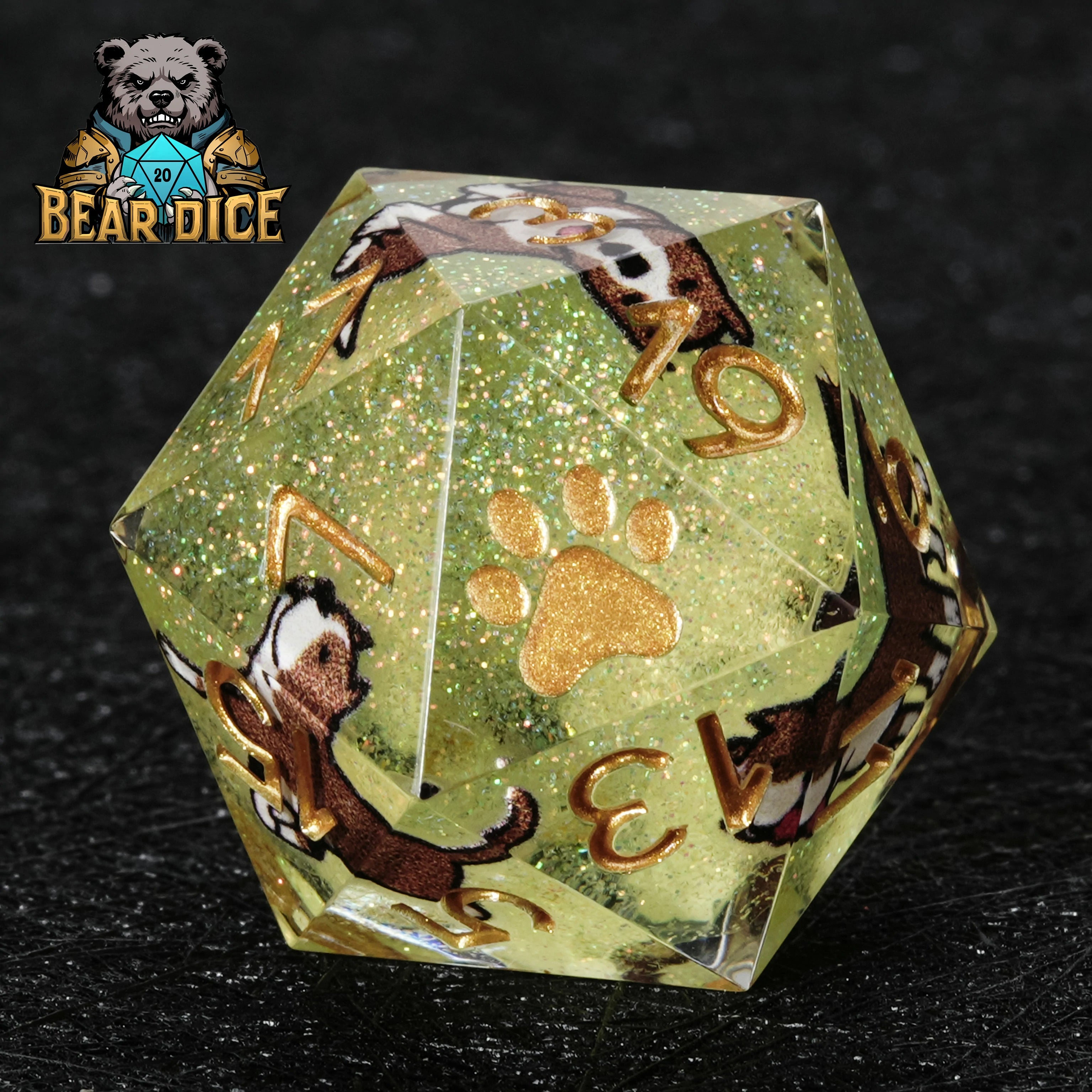 American Pit Bull Green Glitter Resin D&D D20 Dice