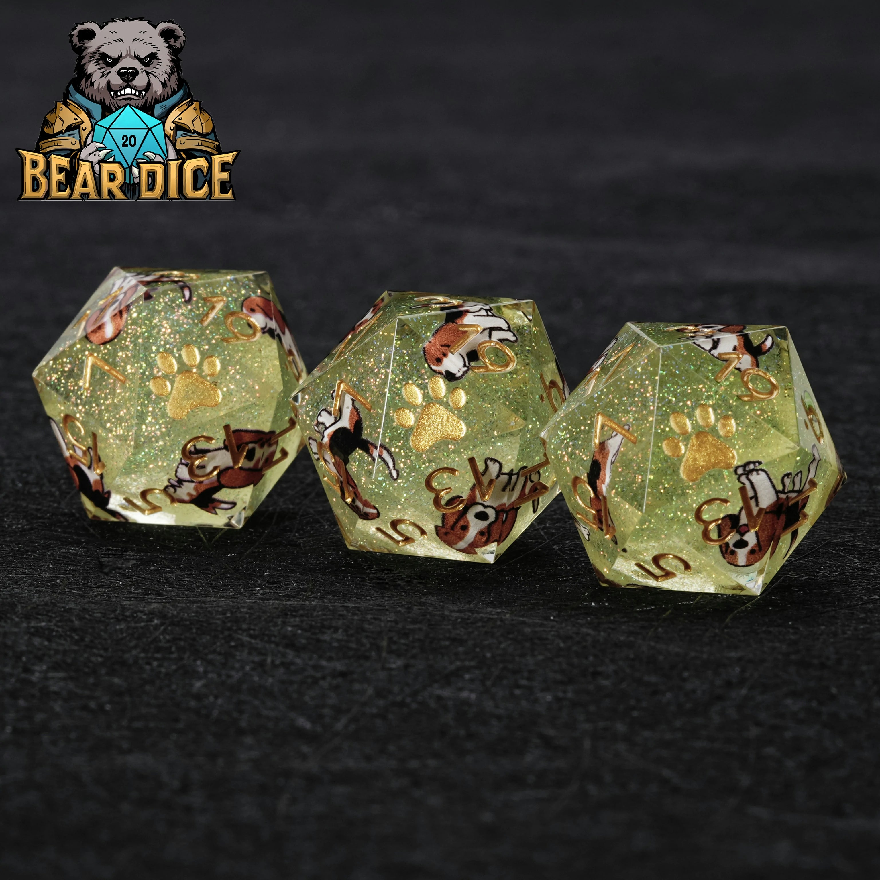 Beagle Green Glitter Resin DND Dice Set | 7-Piece RPG Polyhedral Dice for D&D & Tabletop Games