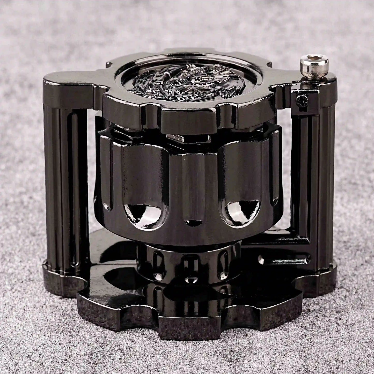 Unique Dice: Black revolver cylinder container contains 7 cool solid metal dnd bullet dice | Bear Dice