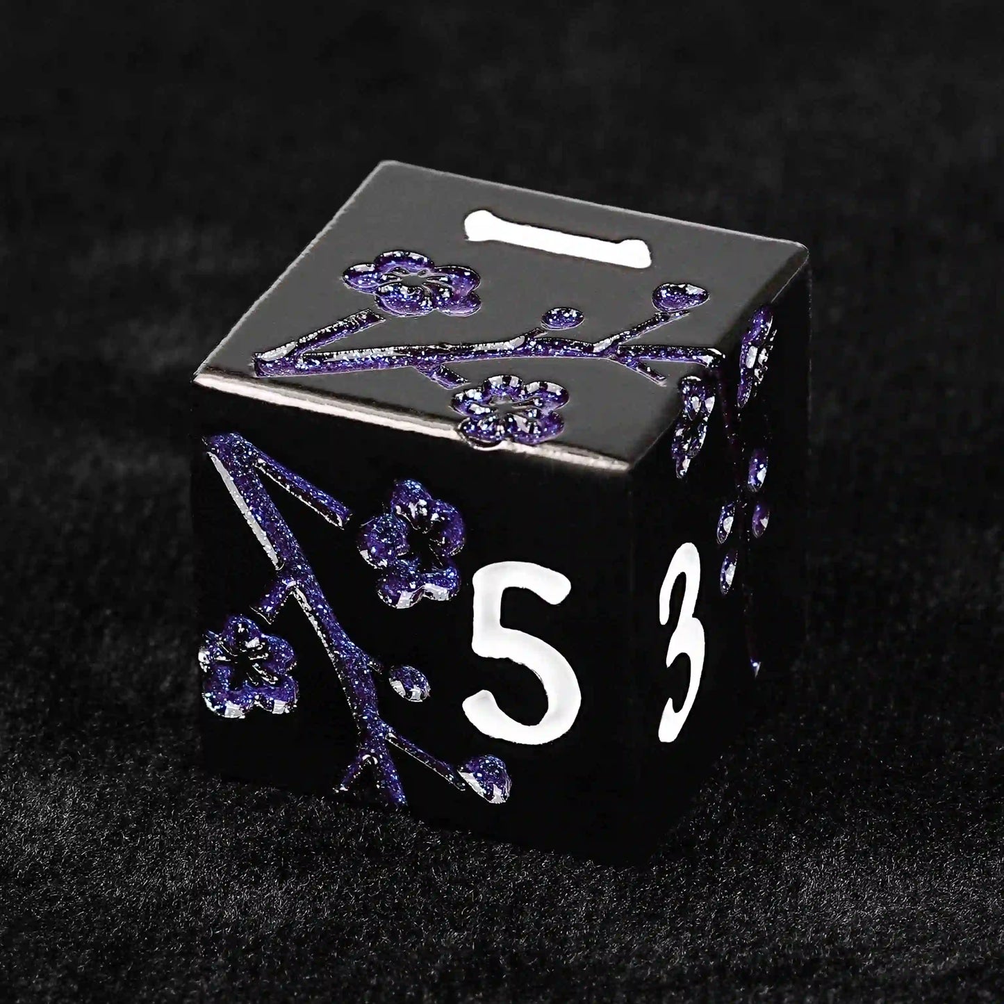 Black and Blue Cherry Blossom Metal DND D6 Dice + White Number | Bear Dice